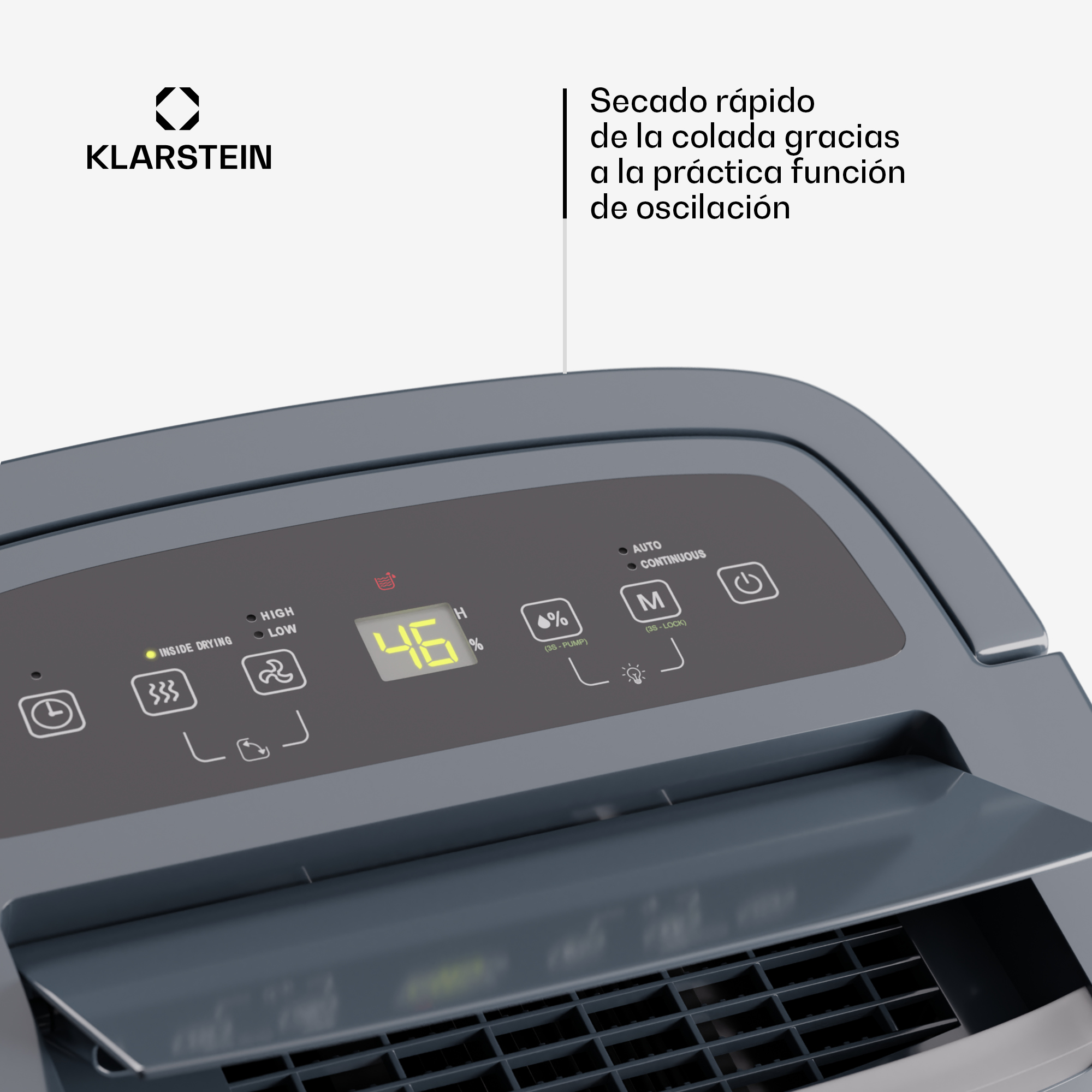 Bedienfeld eines grauen Klarstein Luftentfeuchters mit digitalem Display.