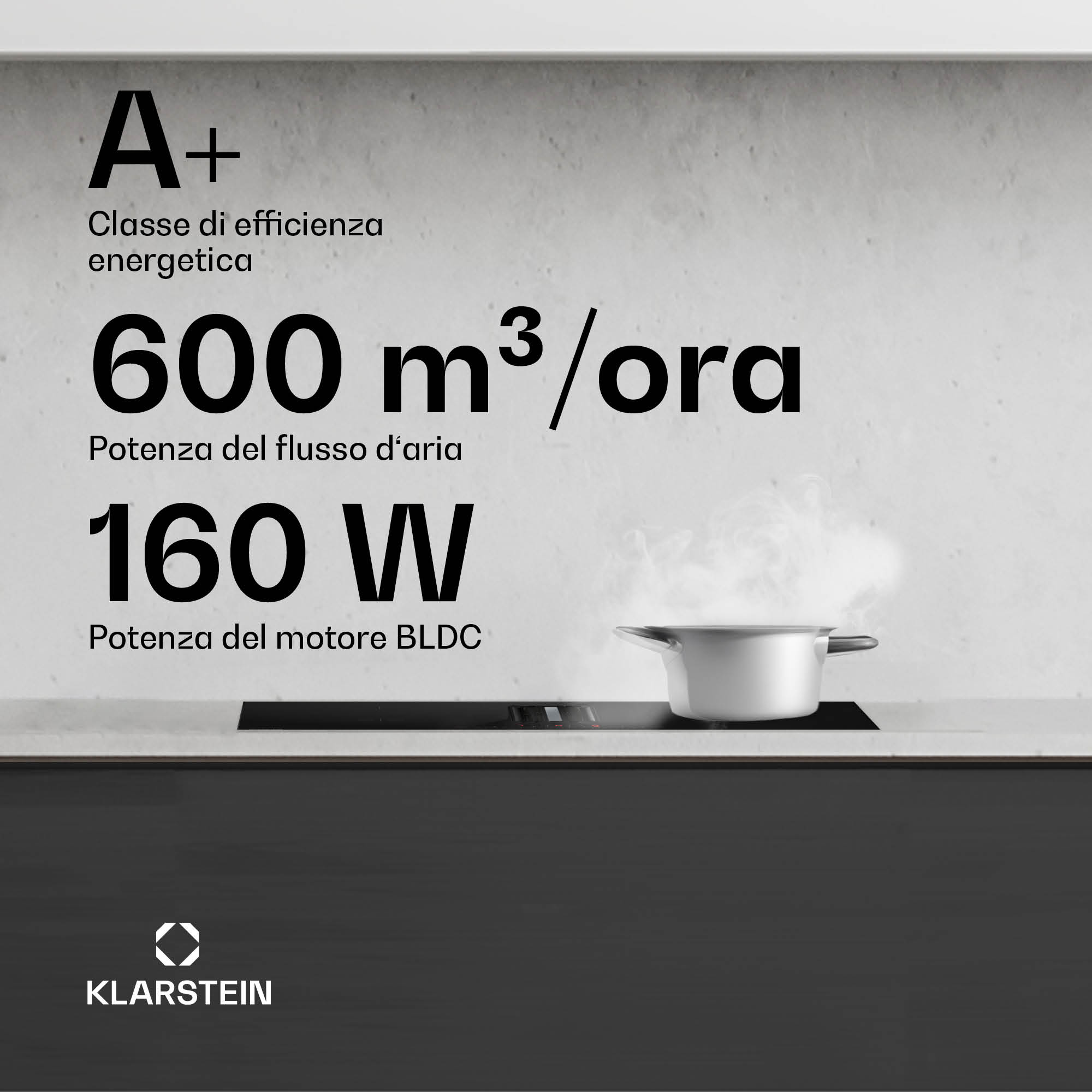Klarstein Kochfeld mit Topf und technischen Daten auf der Wand.