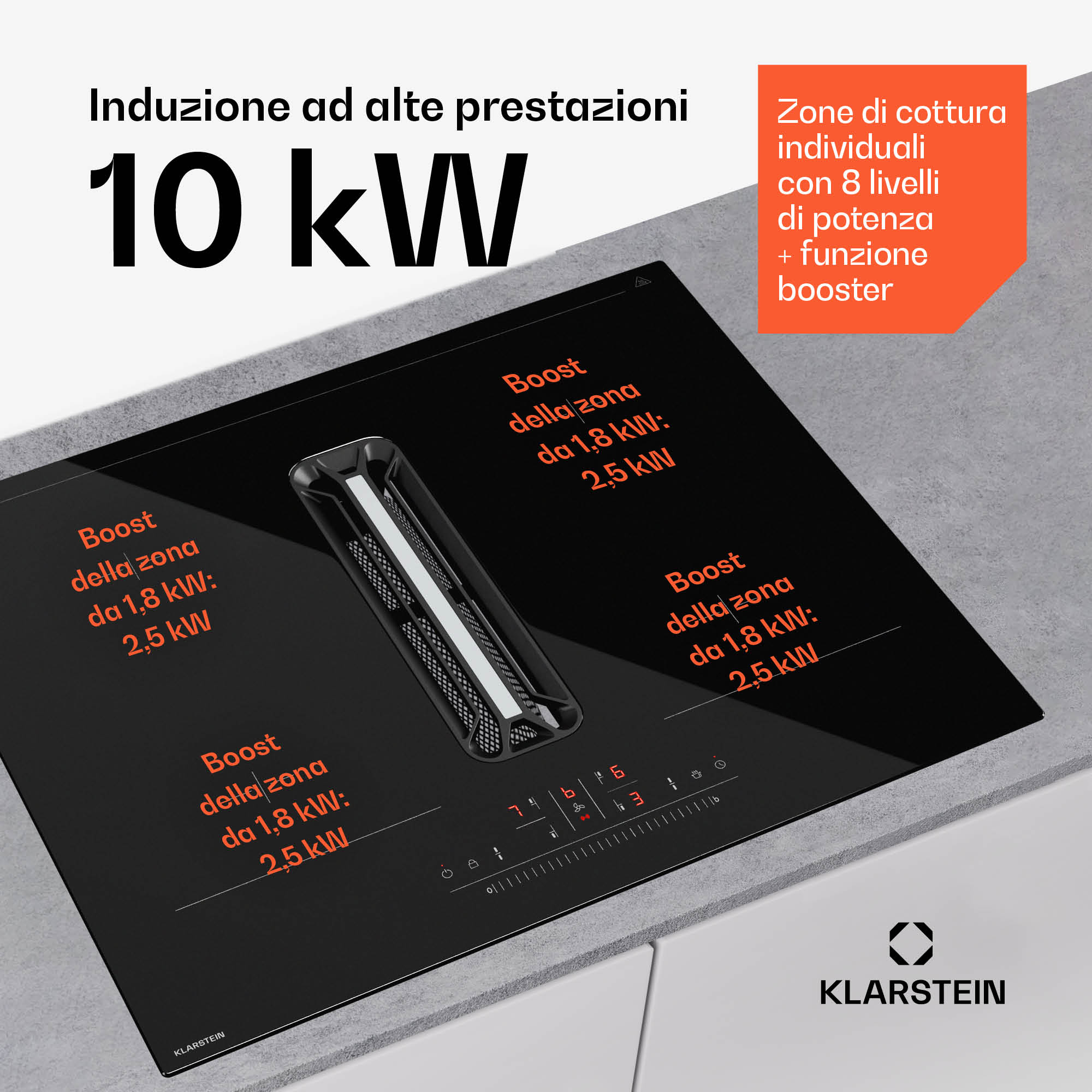 Ein schwarzes Klarstein Induktionskochfeld mit integriertem Abzug und orangefarbenem Text.
