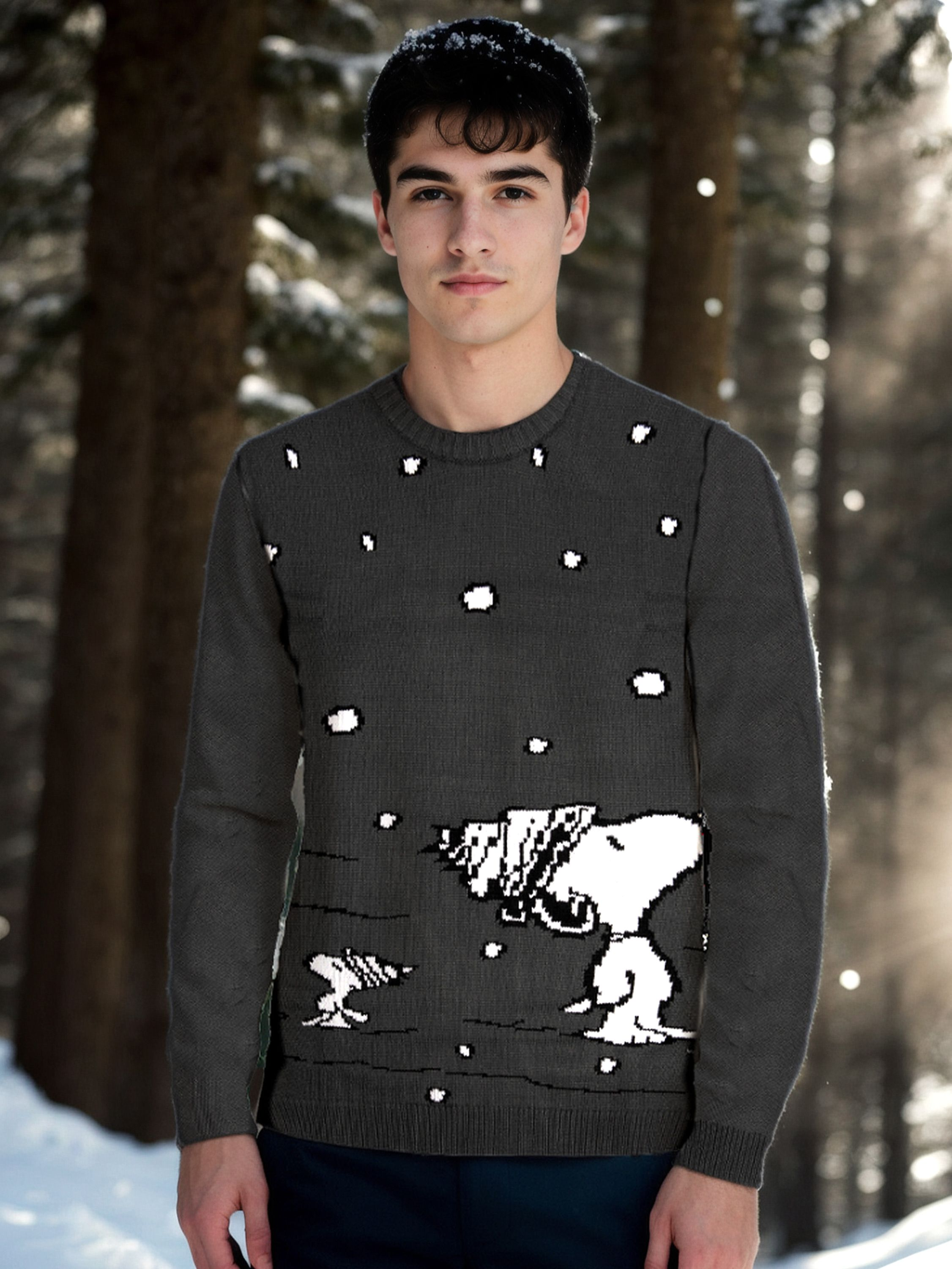 Junger Mann im grauen Pullover mit Snoopy-Motiv im verschneiten Wald.