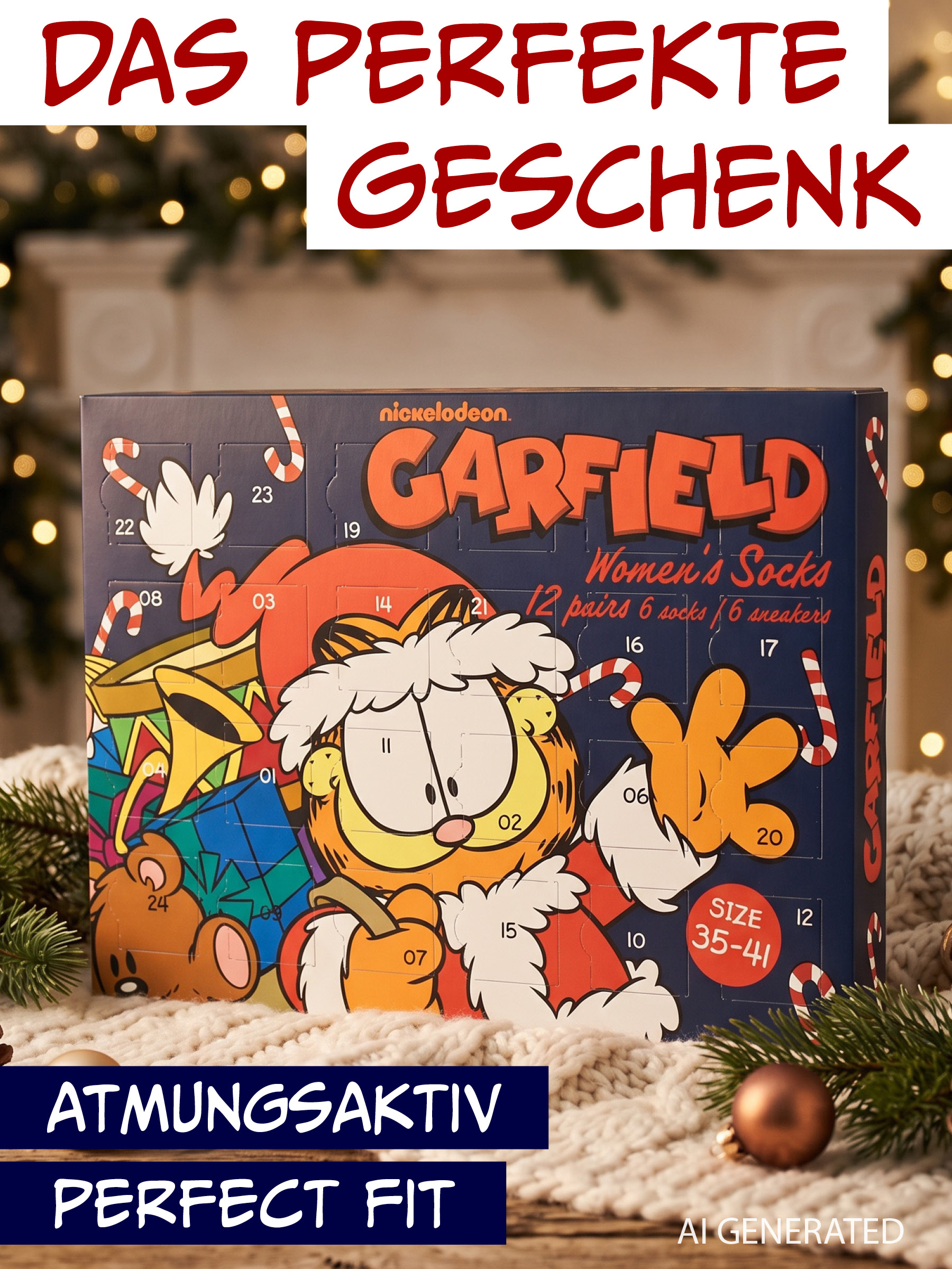 Garfield-Weihnachtskalender für Damensocken mit Nummerierung vor verschneitem Hintergrund.