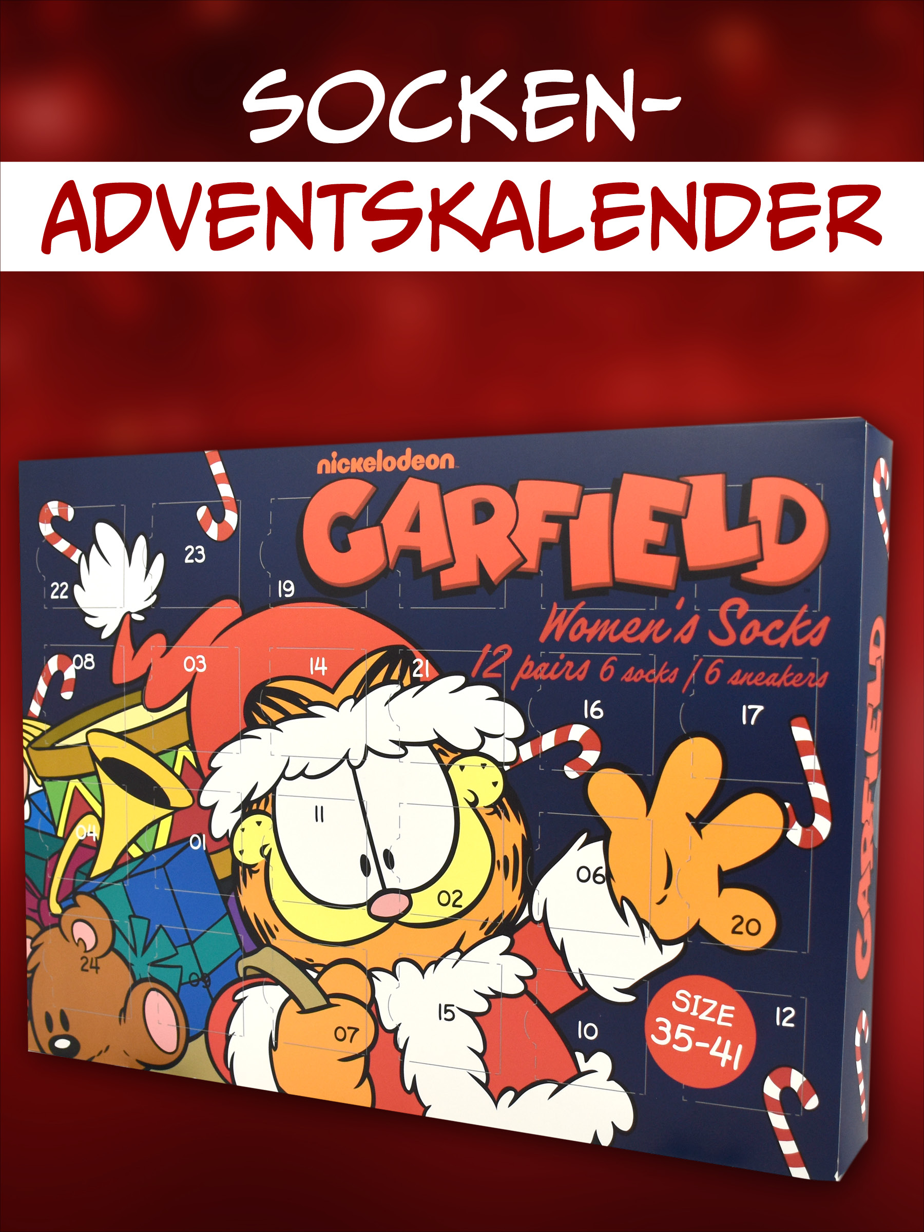 Garfield Socken-Adventskalender mit Weihnachtsmotiv und Nummernfächern auf blauem Grund.