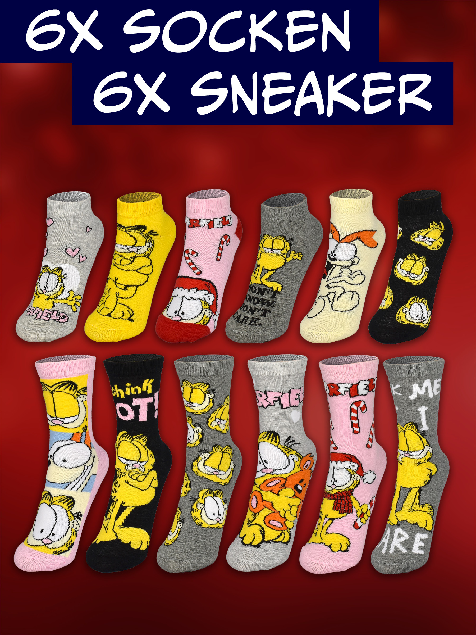 Zwölf Paar Garfield Socken in verschiedenen Farben und Mustern vor rotem Hintergrund.