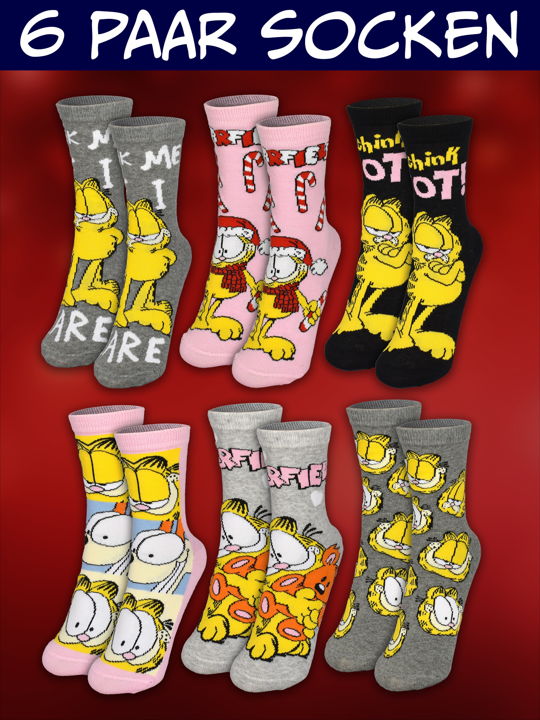 Sechs Paar Socken mit Garfield-Motiven in Grau, Rosa und Schwarz.