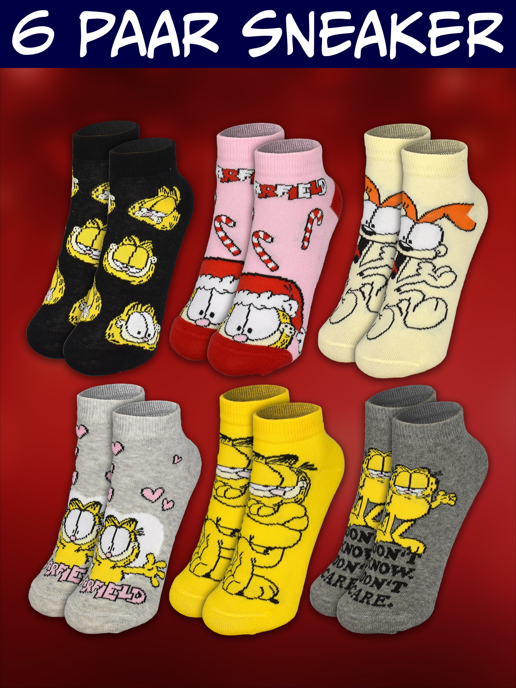 Sechs Paar farbige Sneaker-Socken mit Garfield-Motiven auf rotem Hintergrund und der Aufschrift 6 PAAR SNEAKER.