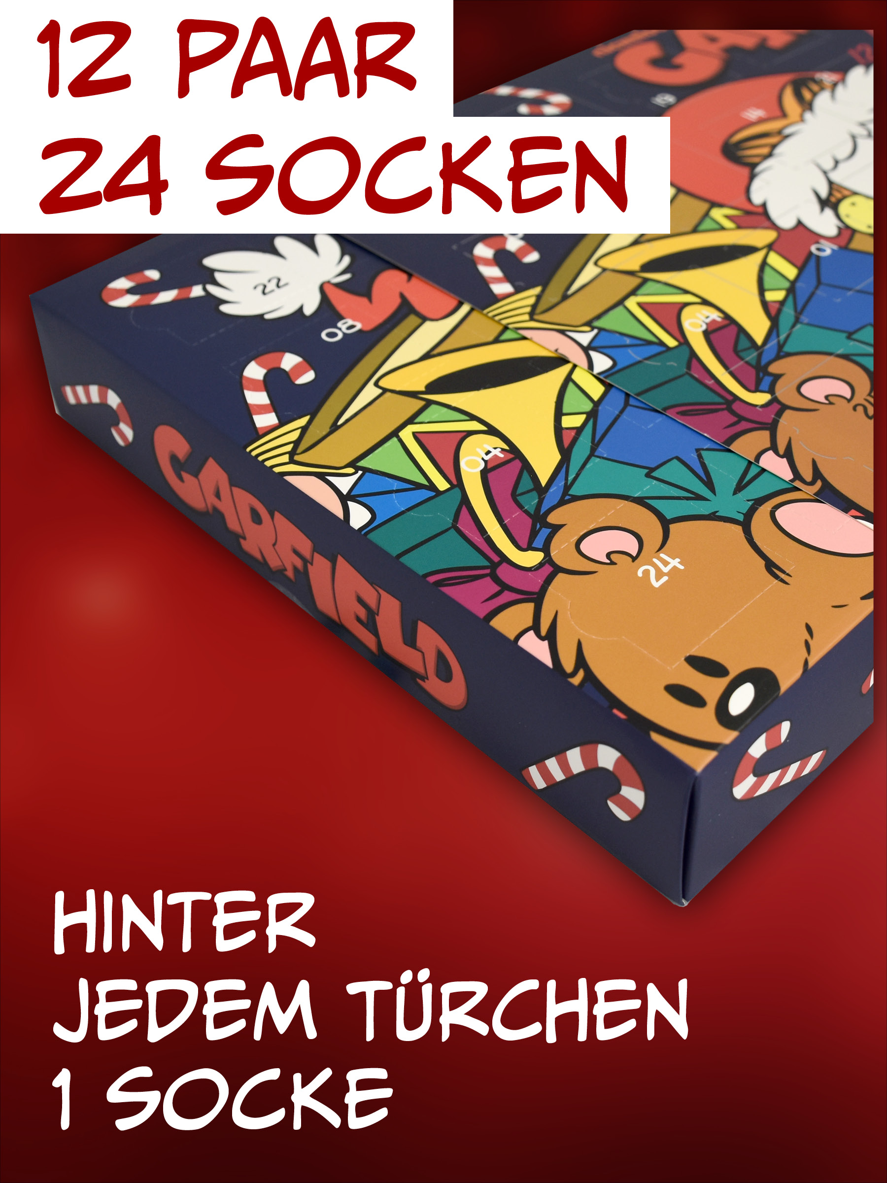 Garfield-Adventskalender mit Socken, roter Hintergrund, weiße Textoverlays.