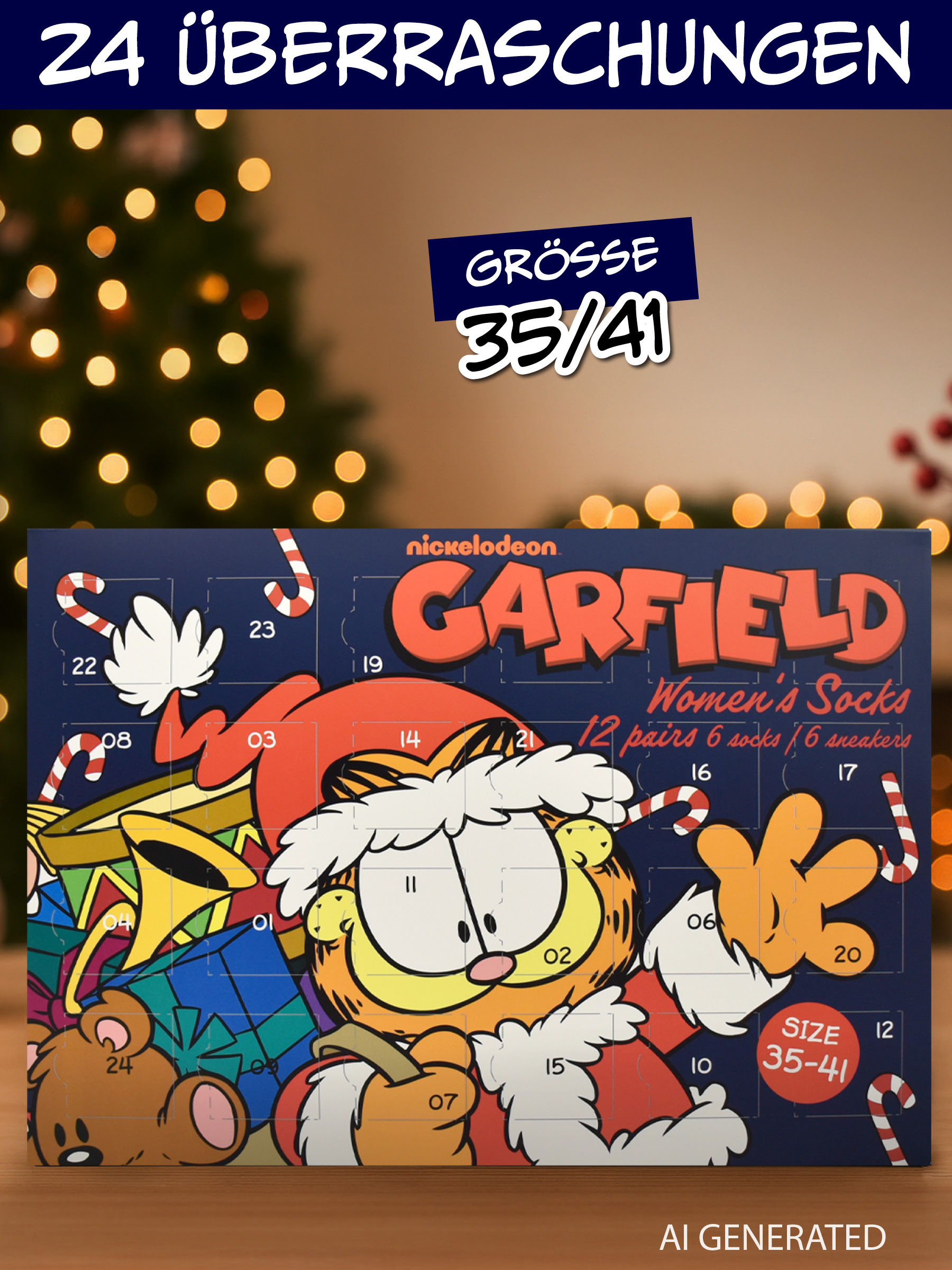 Garfield-Adventskalender für Damensocken mit Weihnachtsmotiv vor verschwommenem Christbaum.