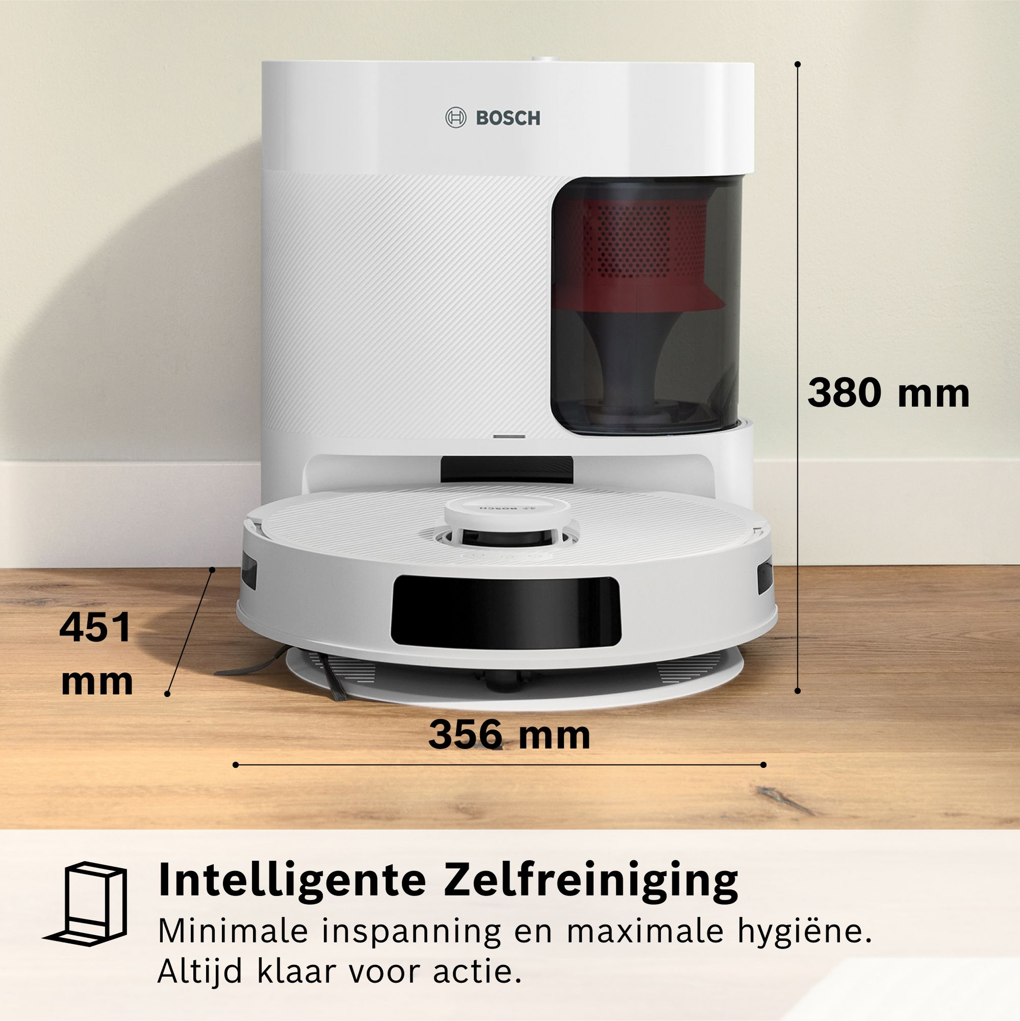 Robot aspirapolvere Bosch bianco con base di ricarica su pavimento in legno, con dimensioni di 380 mm di altezza, 356 mm di larghezza e 451 mm di profondità.