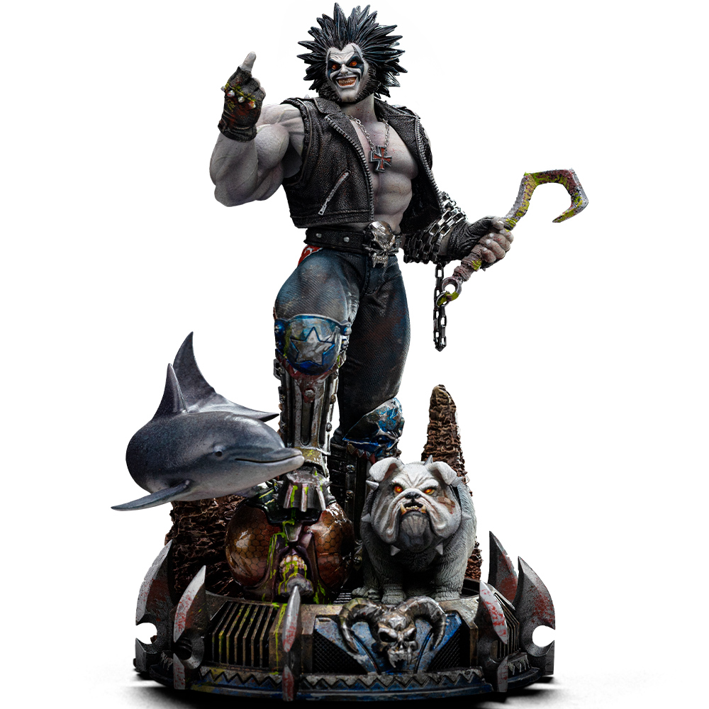 Action figure di Lobo con cane e delfino su una base.