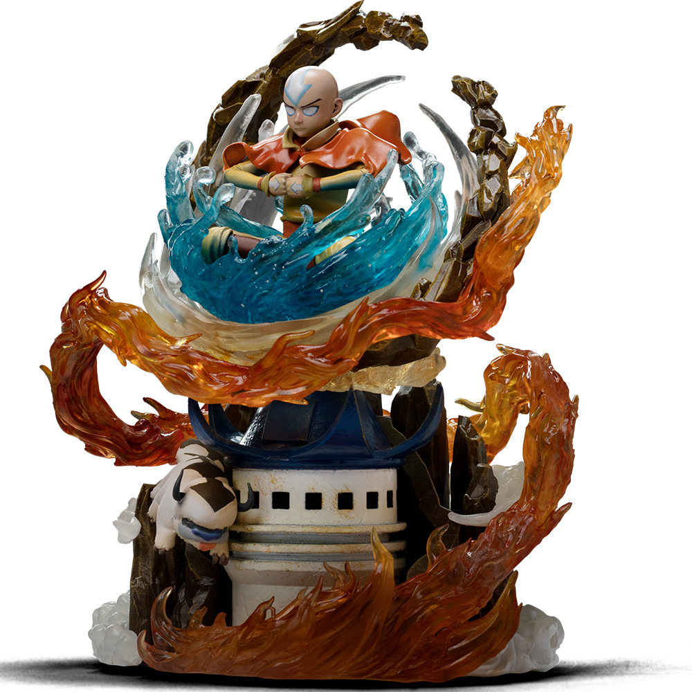 Statuetta di Aang che controlla gli elementi con acqua, fuoco e Appa su sfondo bianco.