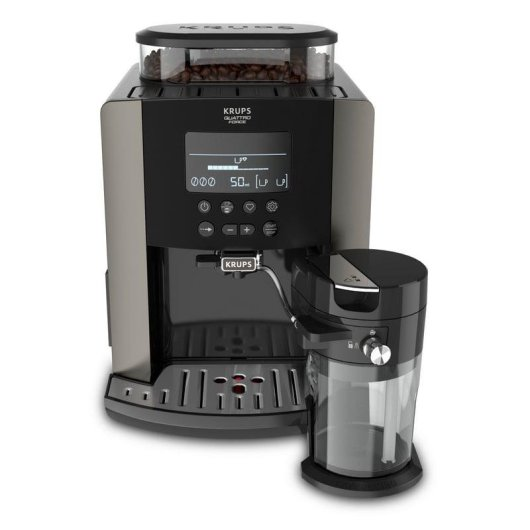 Eine schwarze Krups Kaffeemaschine mit Bohnenbehälter oben und einem angeschlossenen Milchaufschäumer rechts.