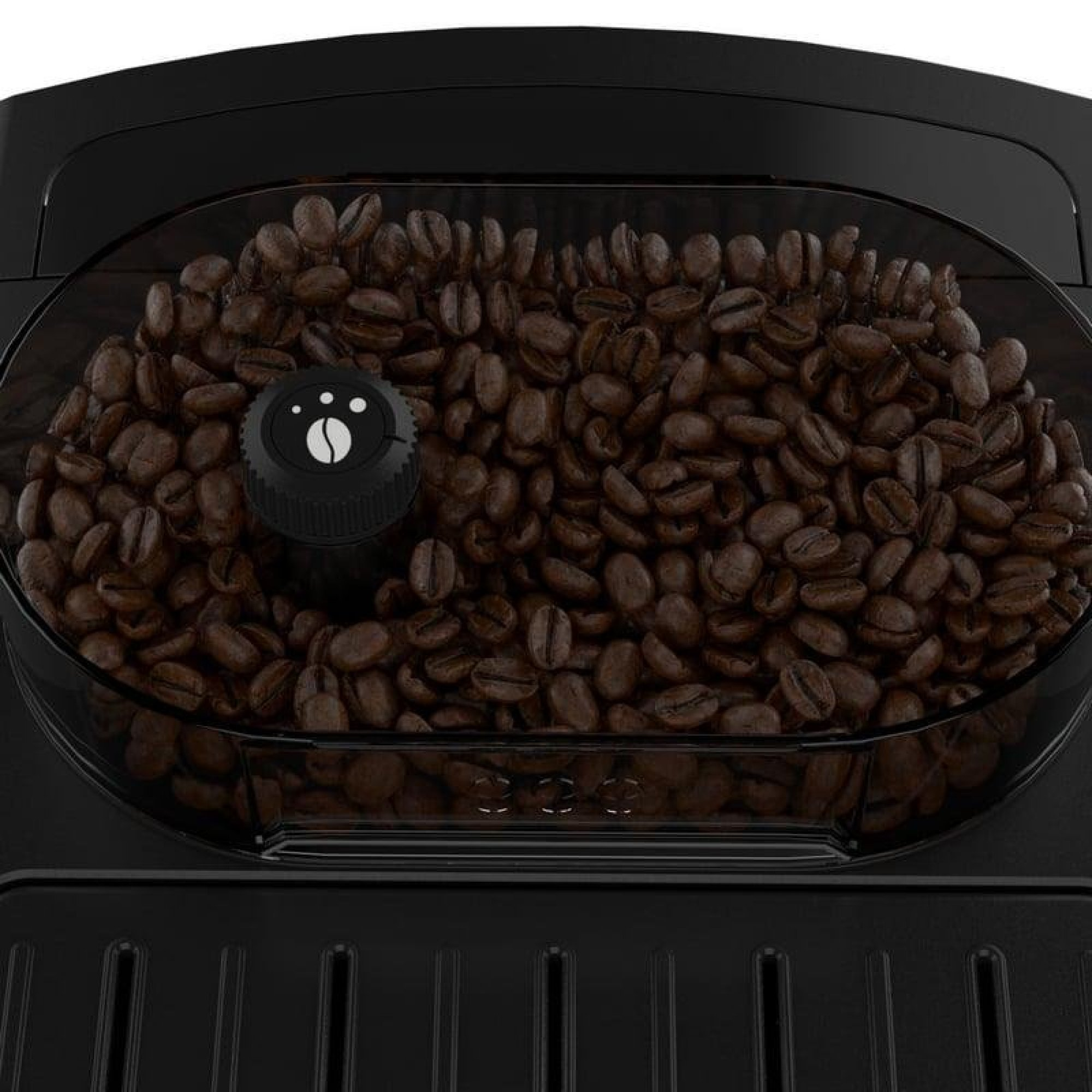 Kaffeebohnen in einem transparenten Behälter einer Kaffeemaschine.
