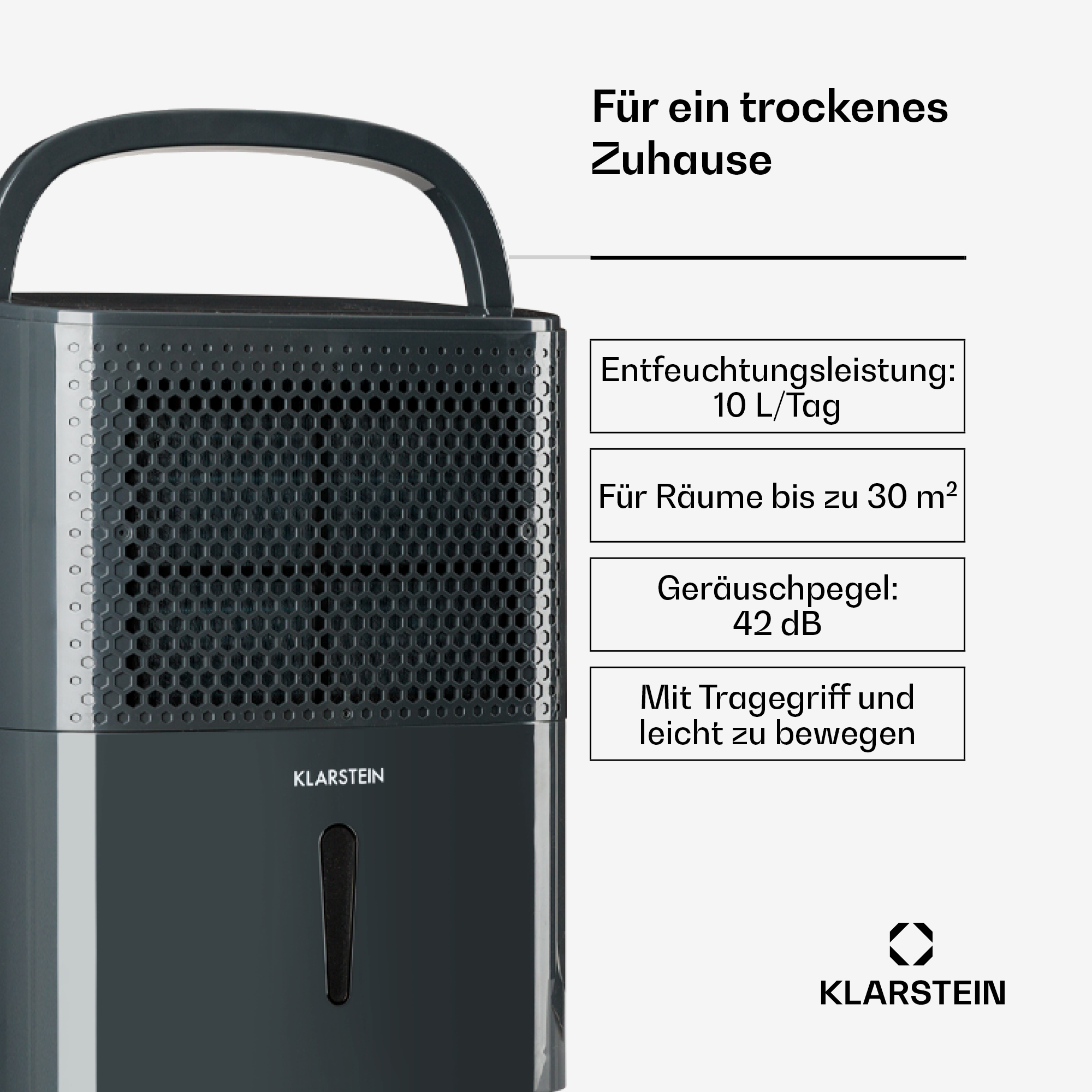 Dunkelgrauer Klarstein Entfeuchter mit Tragegriff, Wasserstandsanzeige und technischen Daten auf weißem Hintergrund.