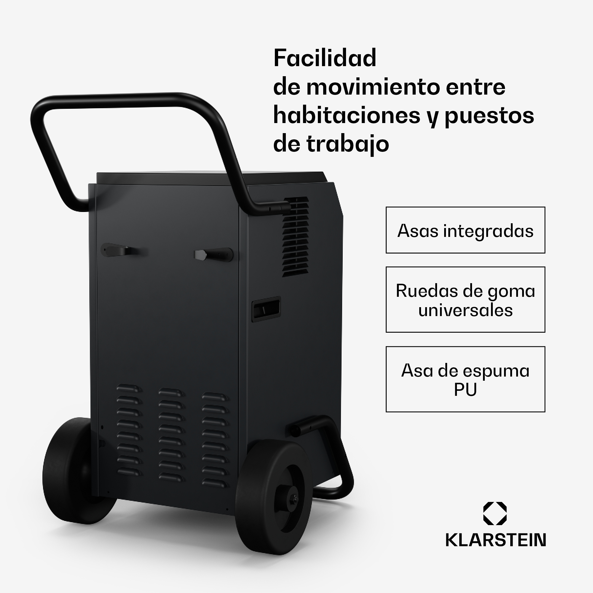 Schwarzes mobiles Klimasgerät mit Griff und Rollen, dazu spanische Produktbeschreibungen und das Klarstein-Logo.