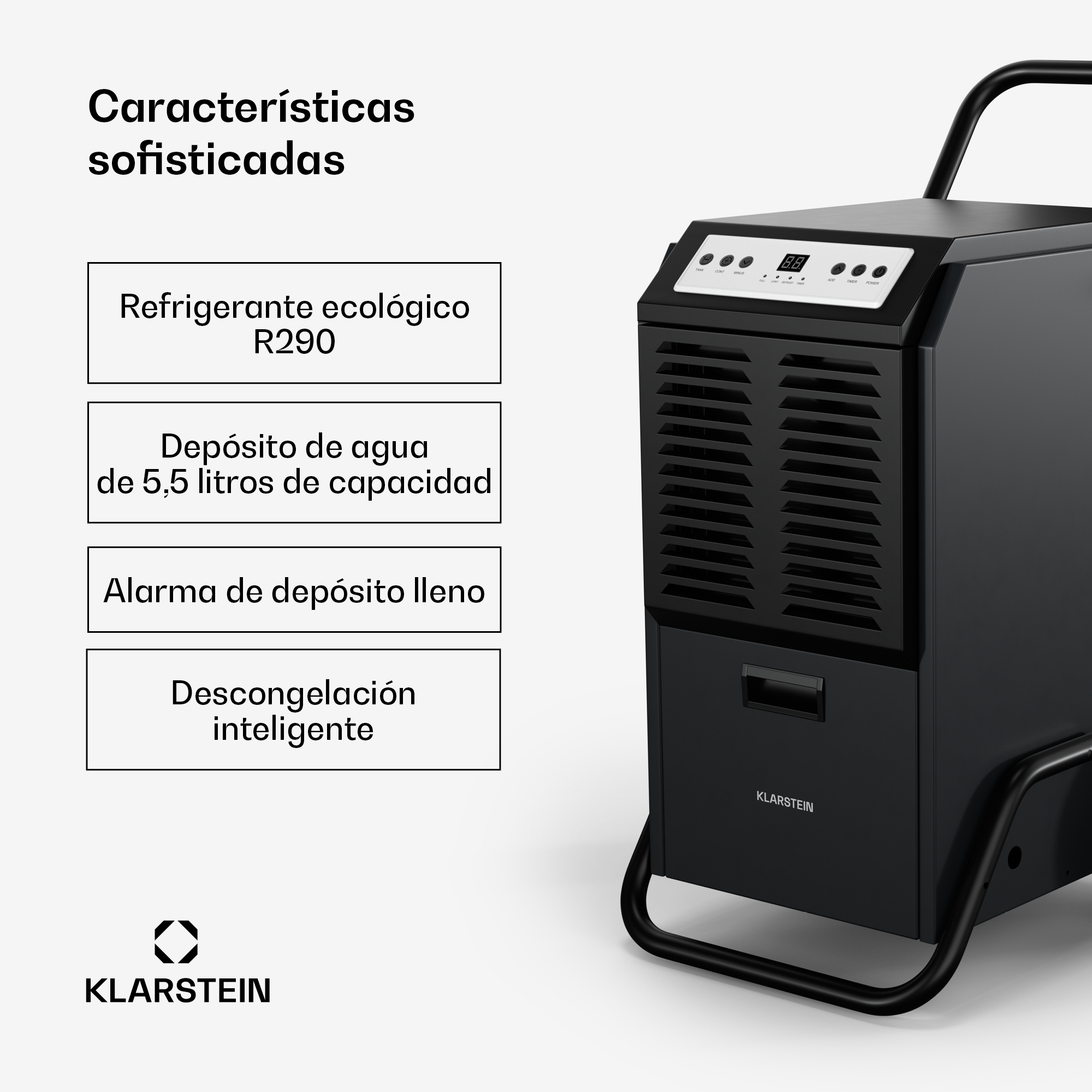 Schwarzer Klarstein Luftentfeuchter mit Rollen und Funktionen wie R290 Kältemittel und Wassertank.