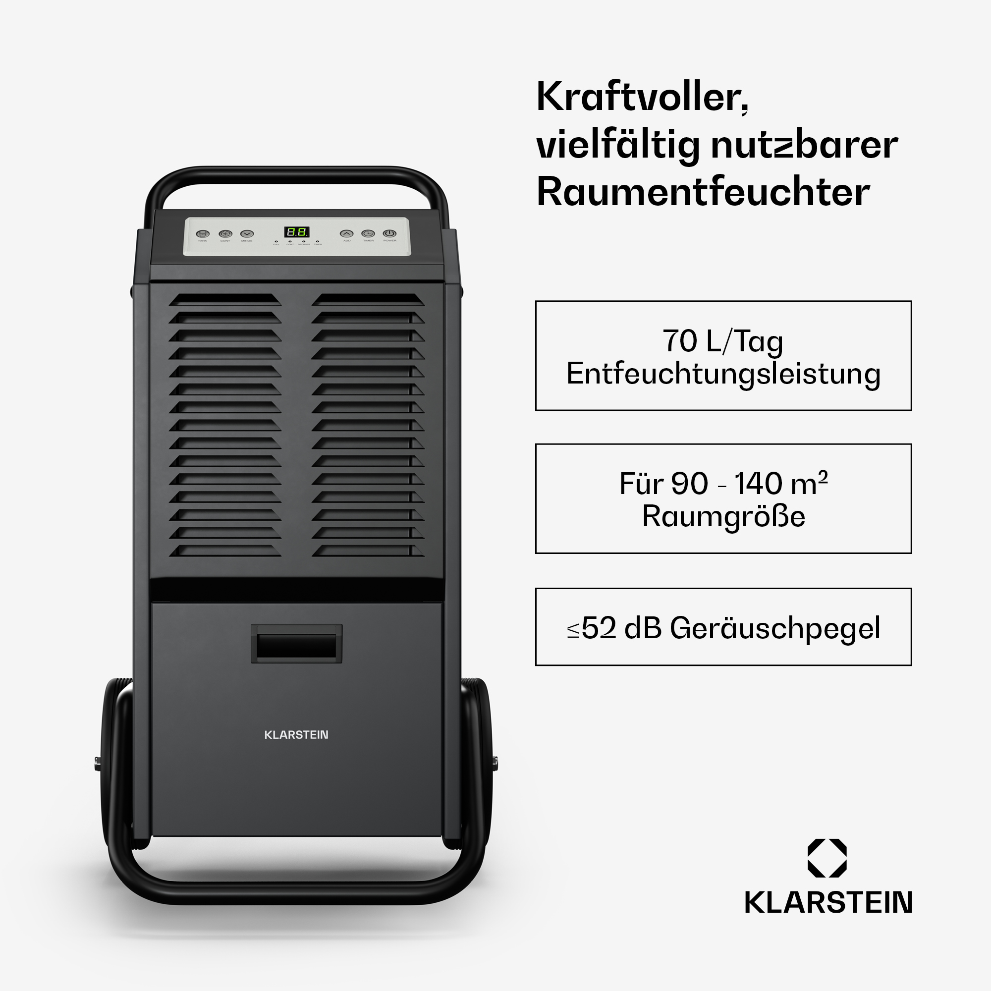 Schwarzer Klarstein-Luftentfeuchter auf Rollen mit digitalen Anzeigen und Leistungsspezifikationen.