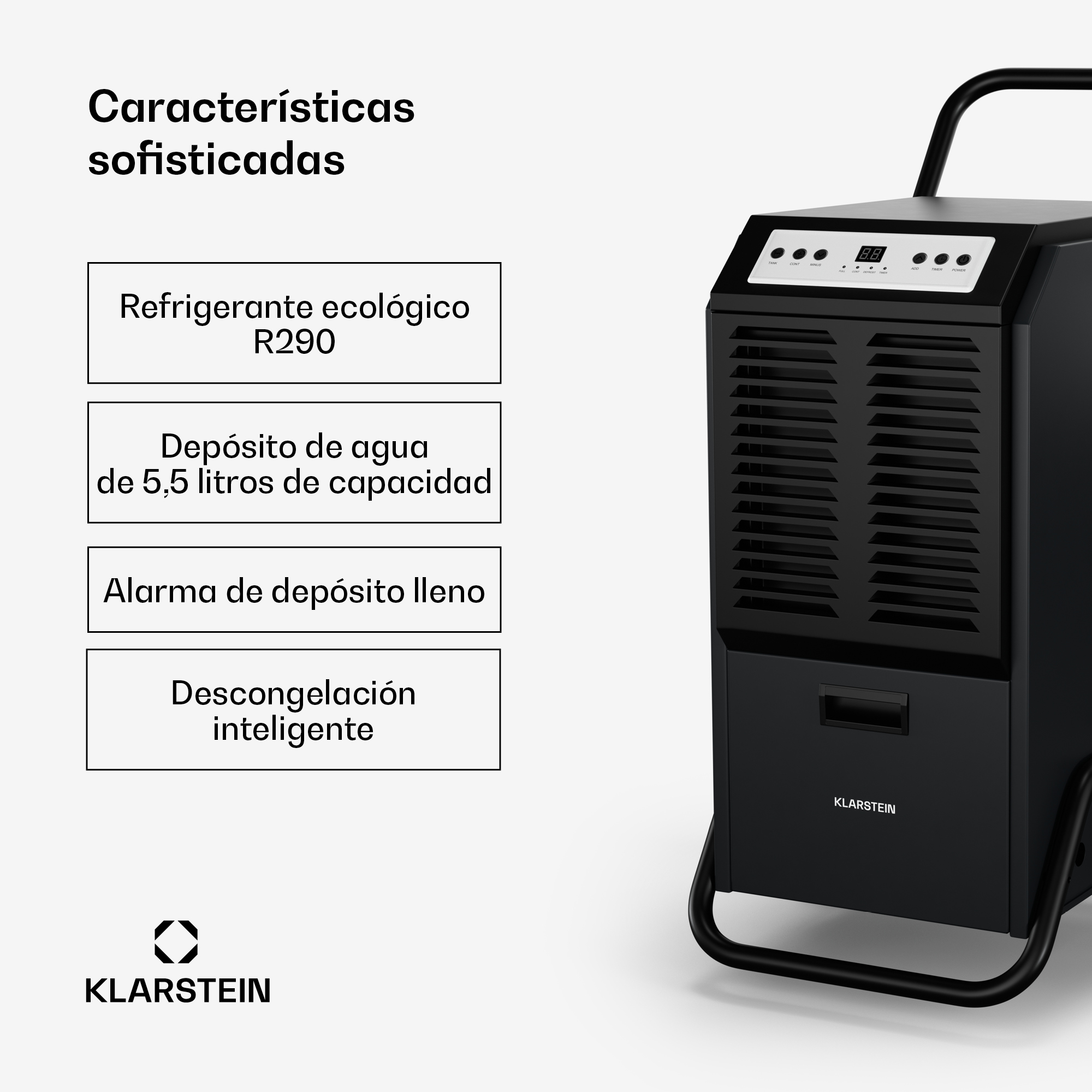 Schwarzer Klarstein Entfeuchter mit digitalen Tasten und Funktionen wie R290 Kältemittel.