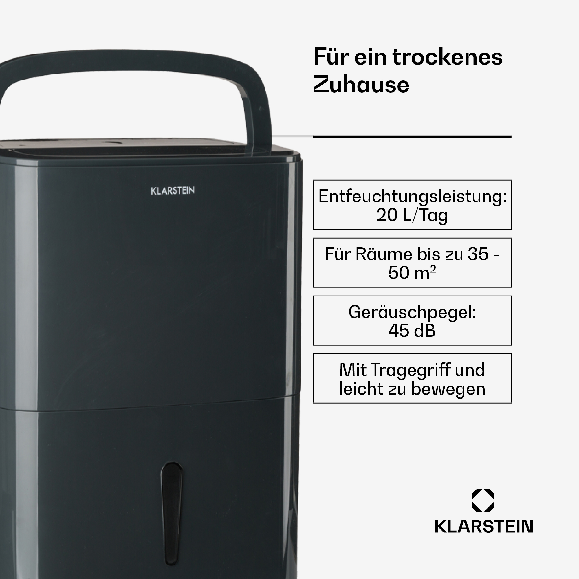 Dunkelgrauer Klarstein-Luftentfeuchter mit Tragegriff und Textboxen mit Produktmerkmalen auf weißem Hintergrund.