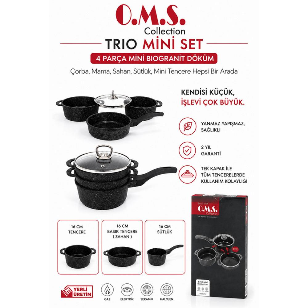 O.M.S. Trio Mini Set: Tencere, tava ve kutu içeren 4 parça biogranit tencere seti.
