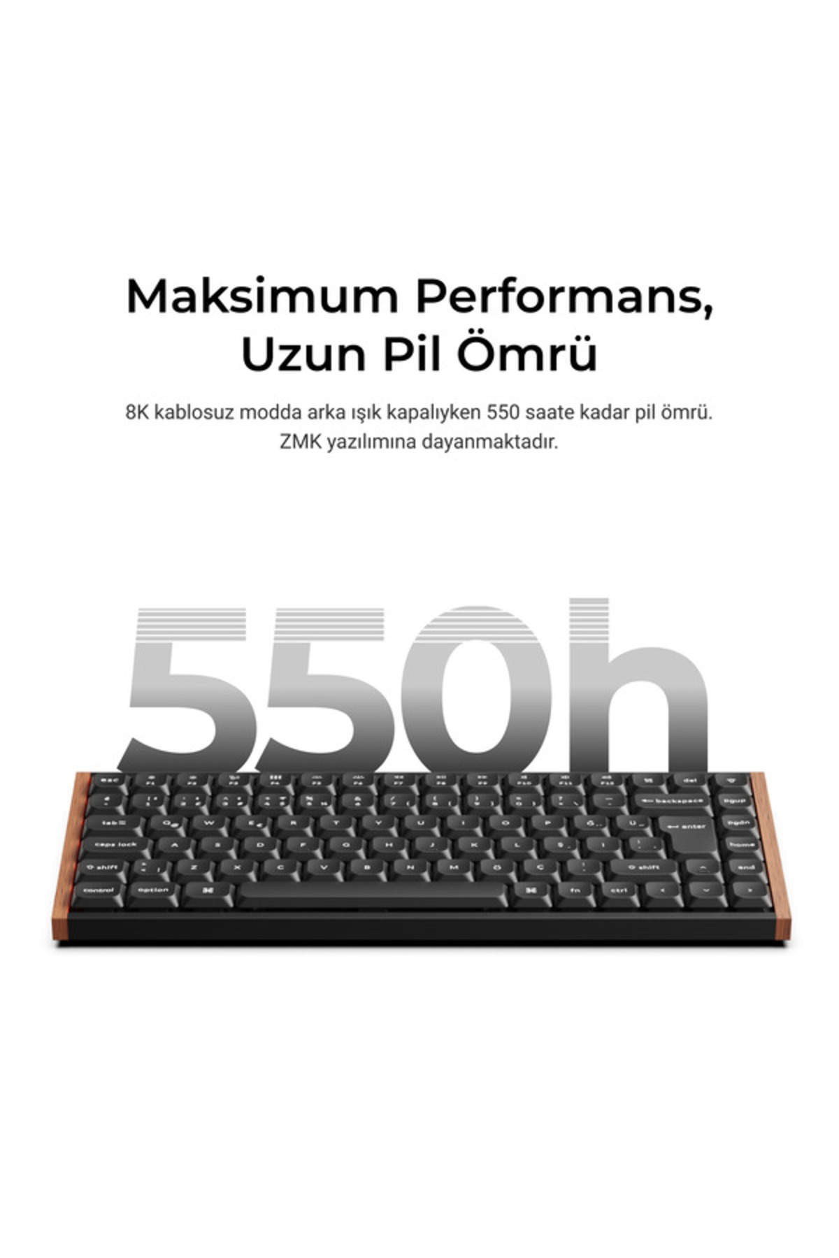Ahşap çerçeveli kompakt siyah klavye, metin ve büyük bir 550h grafiği altında.