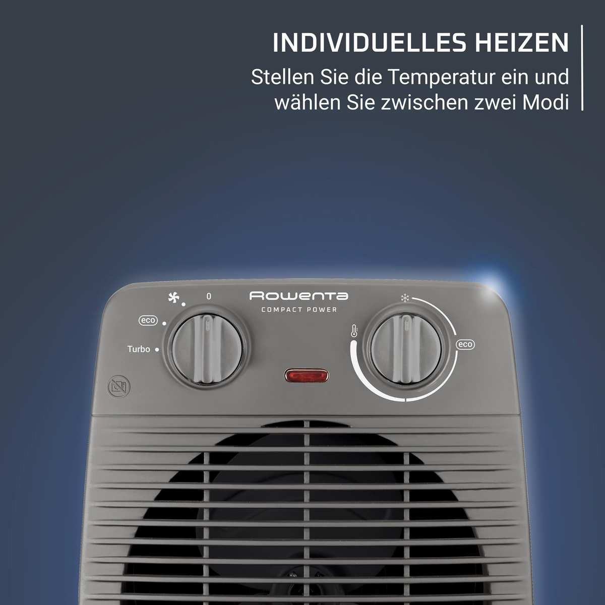 Panel sterowania szarego termowentylatora Rowenta Compact Power z dwoma pokrętłami i żaluzjami na ciemnym tle.