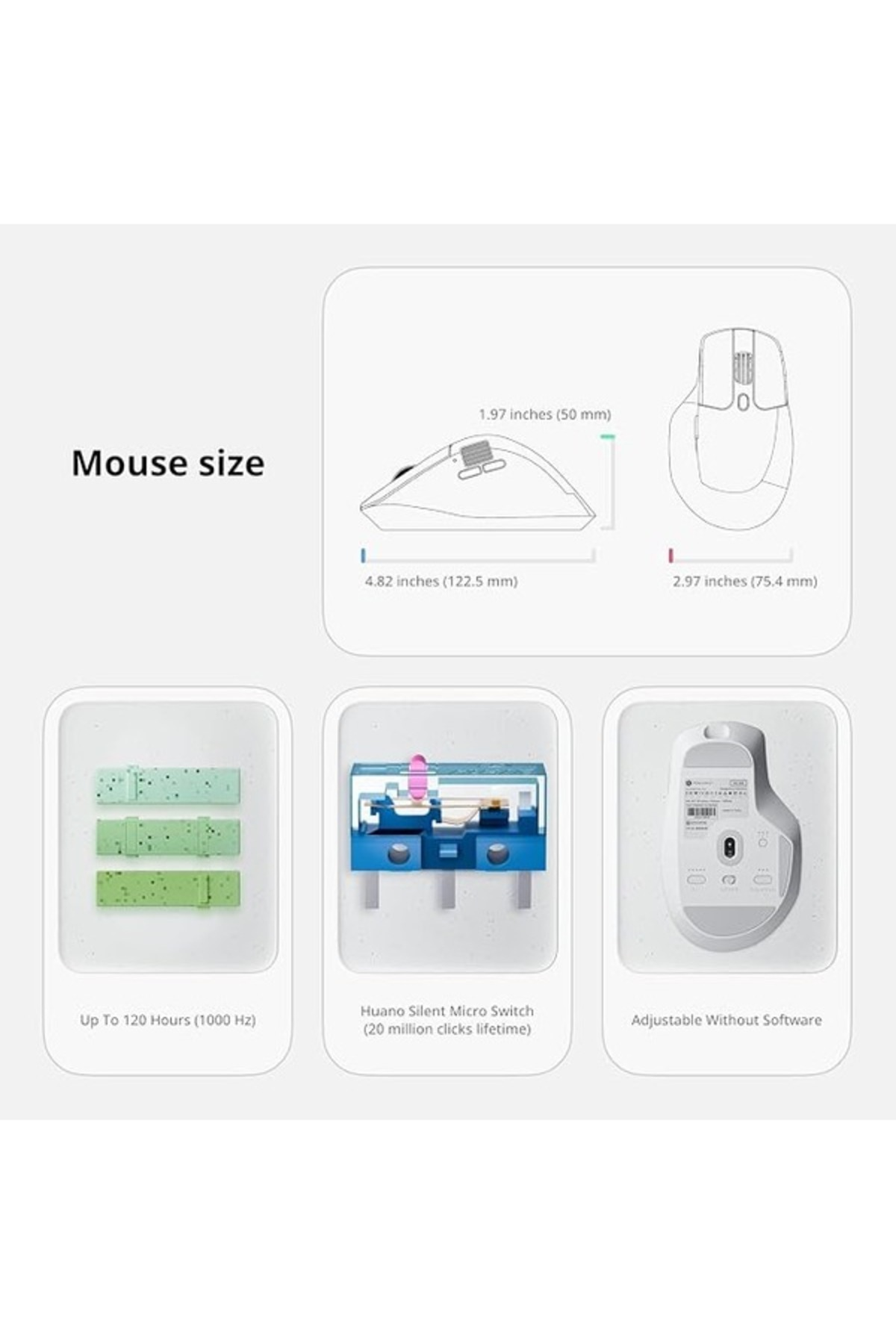 Fare boyutlarını, pil ömrünü, anahtar mekanizmasını ve alt görünümünü gösteren infografik.