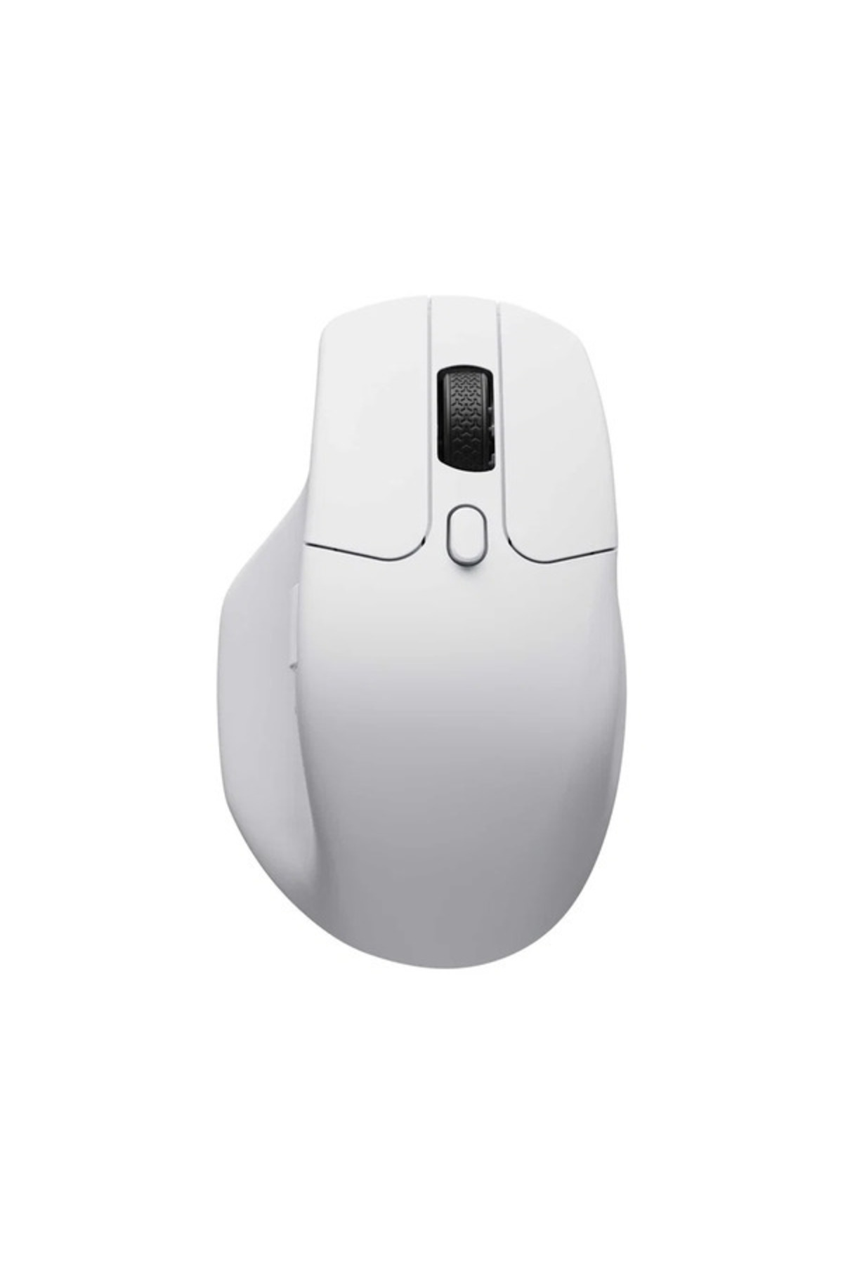 Beyaz arkaplanda siyah kaydırma tekerleğine ve ergonomik başparmak desteğine sahip beyaz kablosuz bilgisayar faresi.