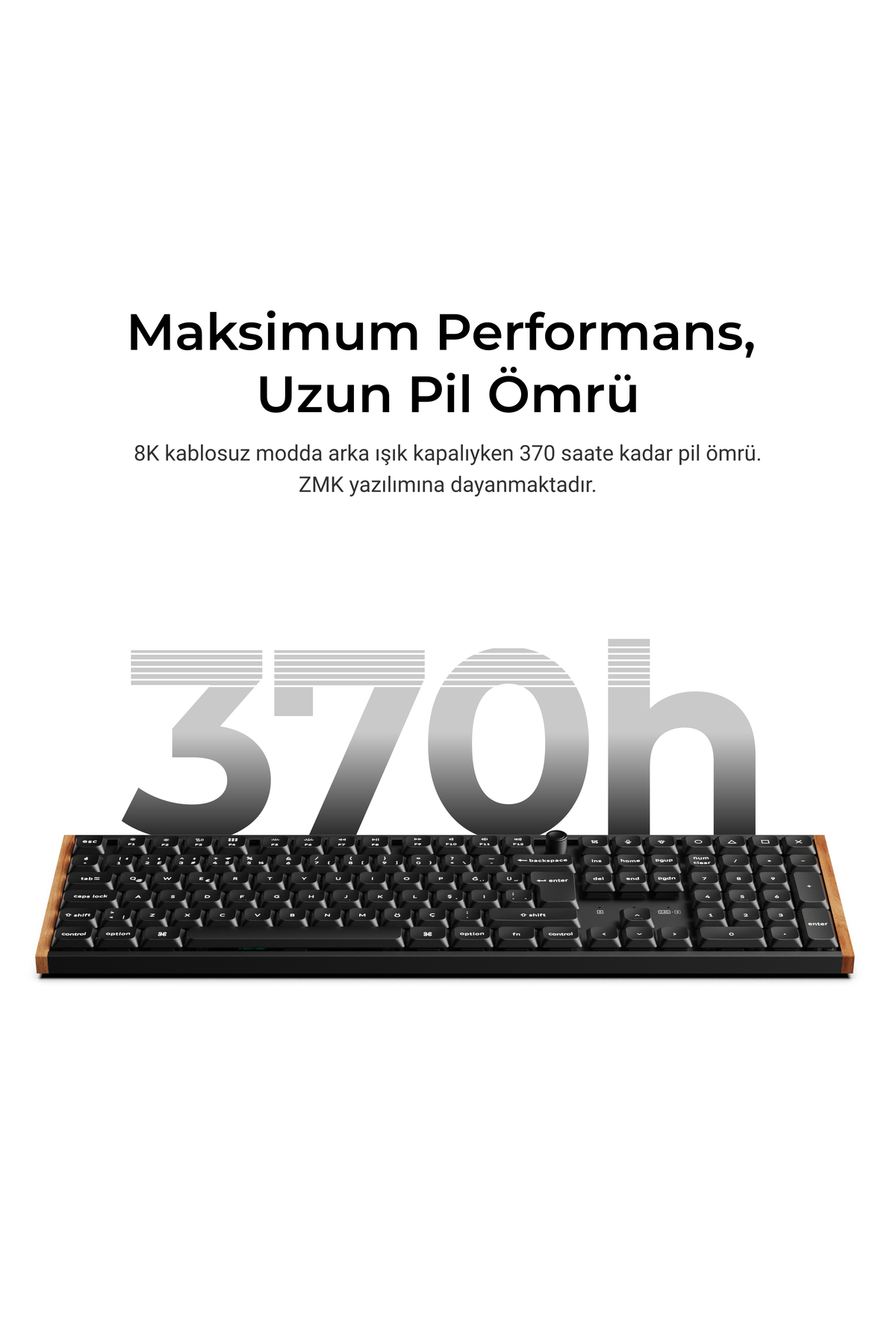 Ahşap kasalı siyah mekanik klavye ve üzerinde 370h yazısı.