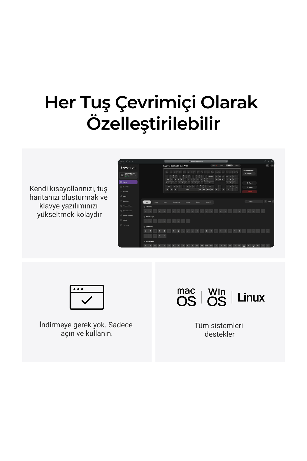 Klavye özelleştirme yazılımı arayüzü, web uygulaması simgesi ve macOS, Windows, Linux logoları.