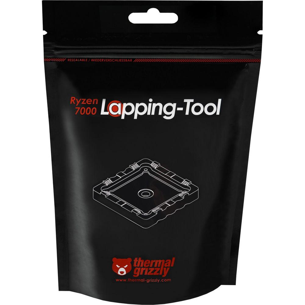 Thermal Grizzly Ryzen 7000 Lapping-Tool için siyah ambalaj, beyaz ürün çizimi ve kırmızı logo ile.