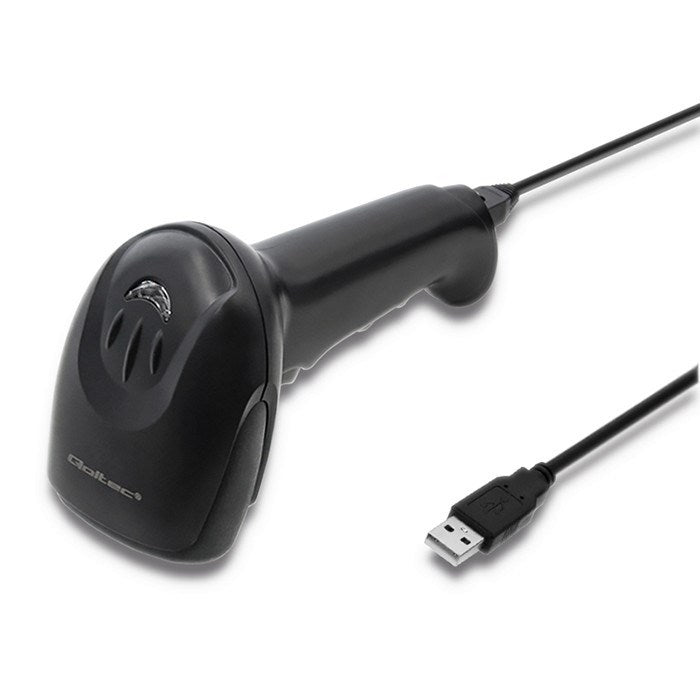 Uno scanner di codici a barre nero con cavo USB su sfondo bianco.