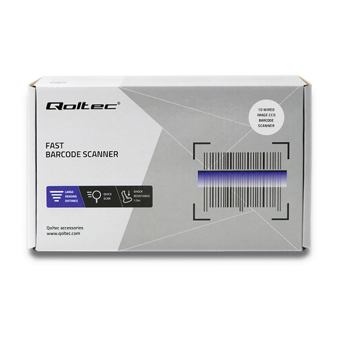 Scatola di prodotti bianca per uno scanner di codici a barre Qoltec con icone tecniche.