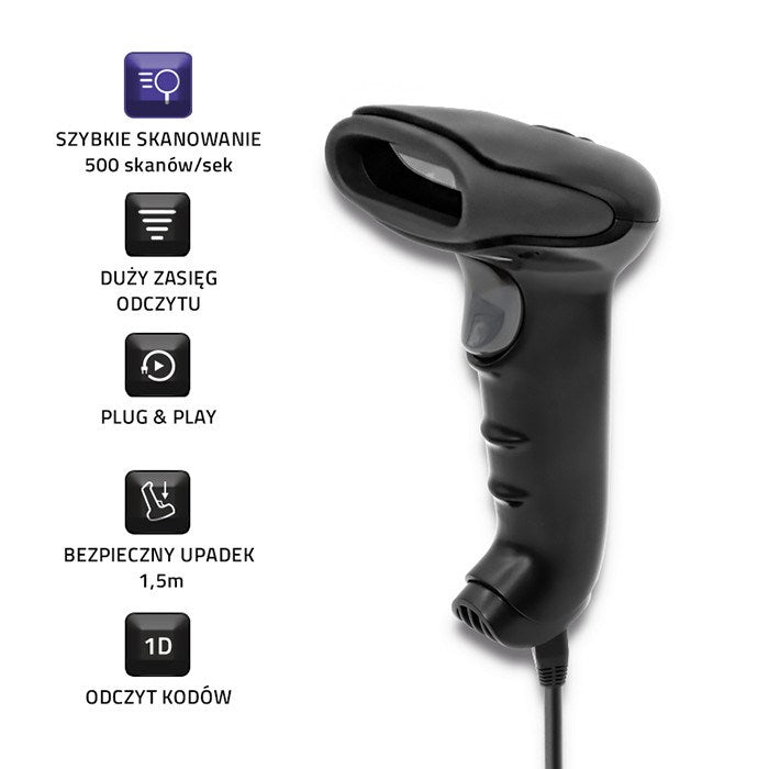 Uno scanner di codici a barre nero con cavo su sfondo bianco, affiancato da icone di funzioni.