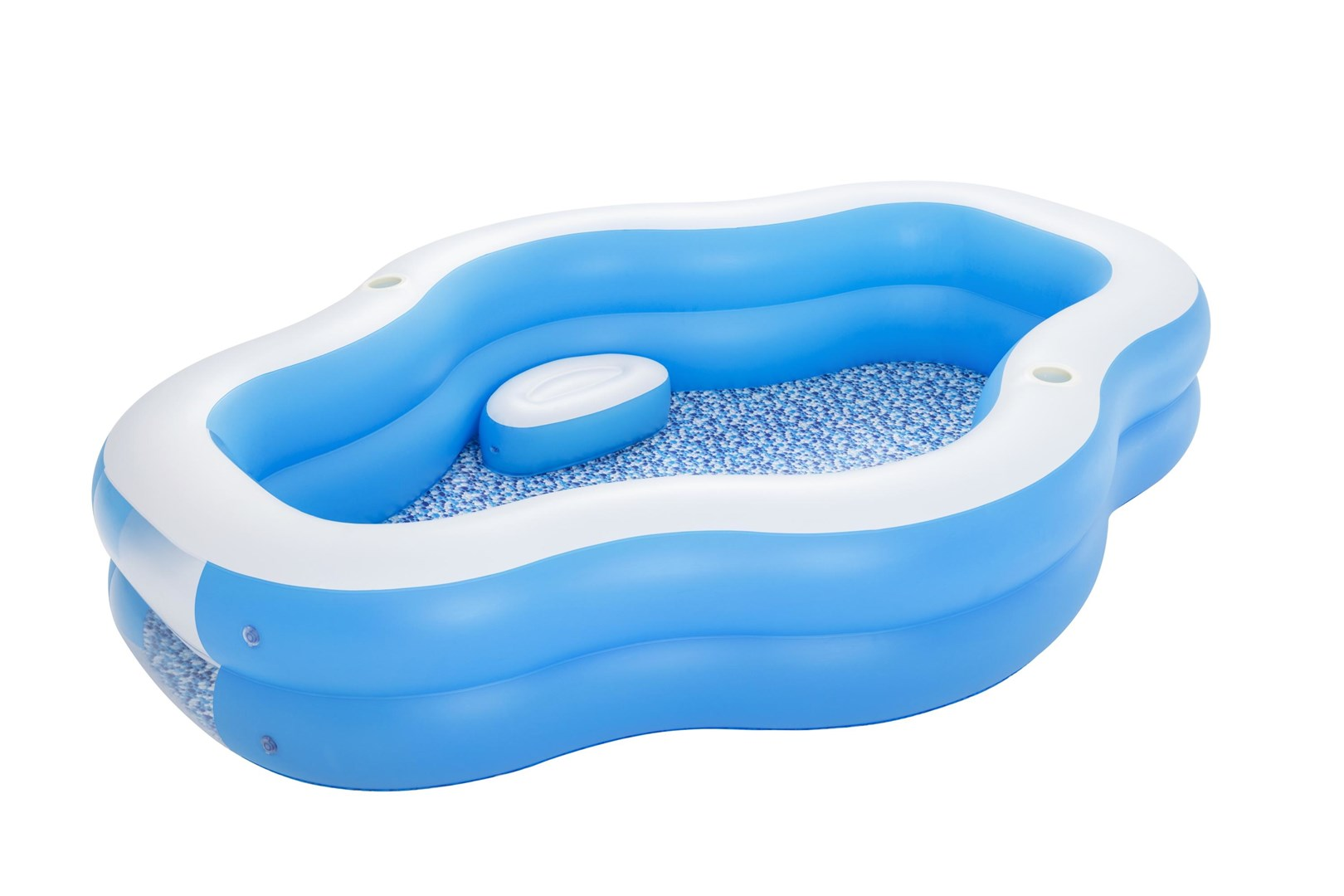 Ein aufblasbarer blau-weißer Pool mit integriertem Sitz und gemustertem Boden auf weißem Hintergrund.