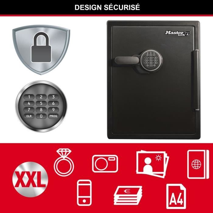 Ein schwarzer Master Lock Safe mit elektronischem Tastenfeld, umgeben von Icons für Wertsachen.
