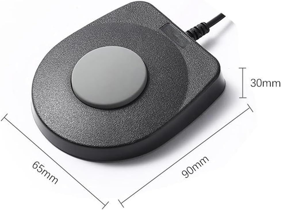 Schwarzer USB-Fussschalter mit grauem Knopf, Kabel und Massangaben von 30mm, 65mm und 90mm.