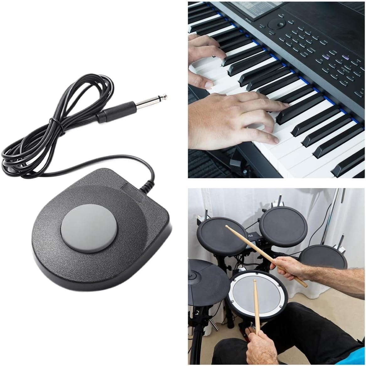 Ein schwarzes Fußpedal mit grauem Knopf und Kabel sowie Detailfotos vom Keyboard- und E-Drums-Spielen.