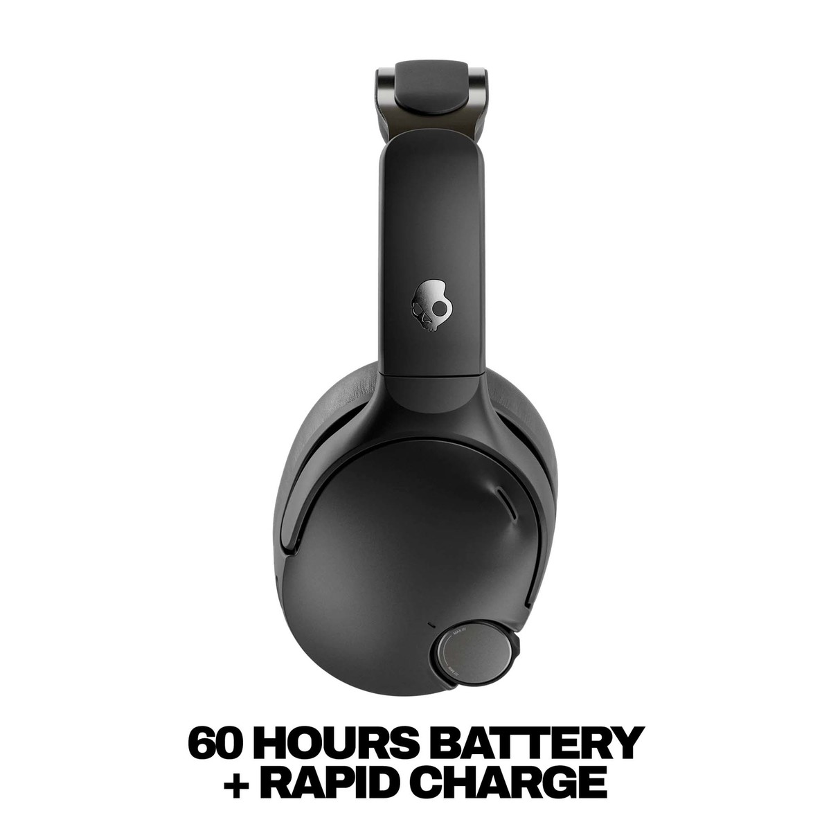 Auriculares negros supraaurales con logo de calavera y control de volumen; texto sobre 60 horas de batería.