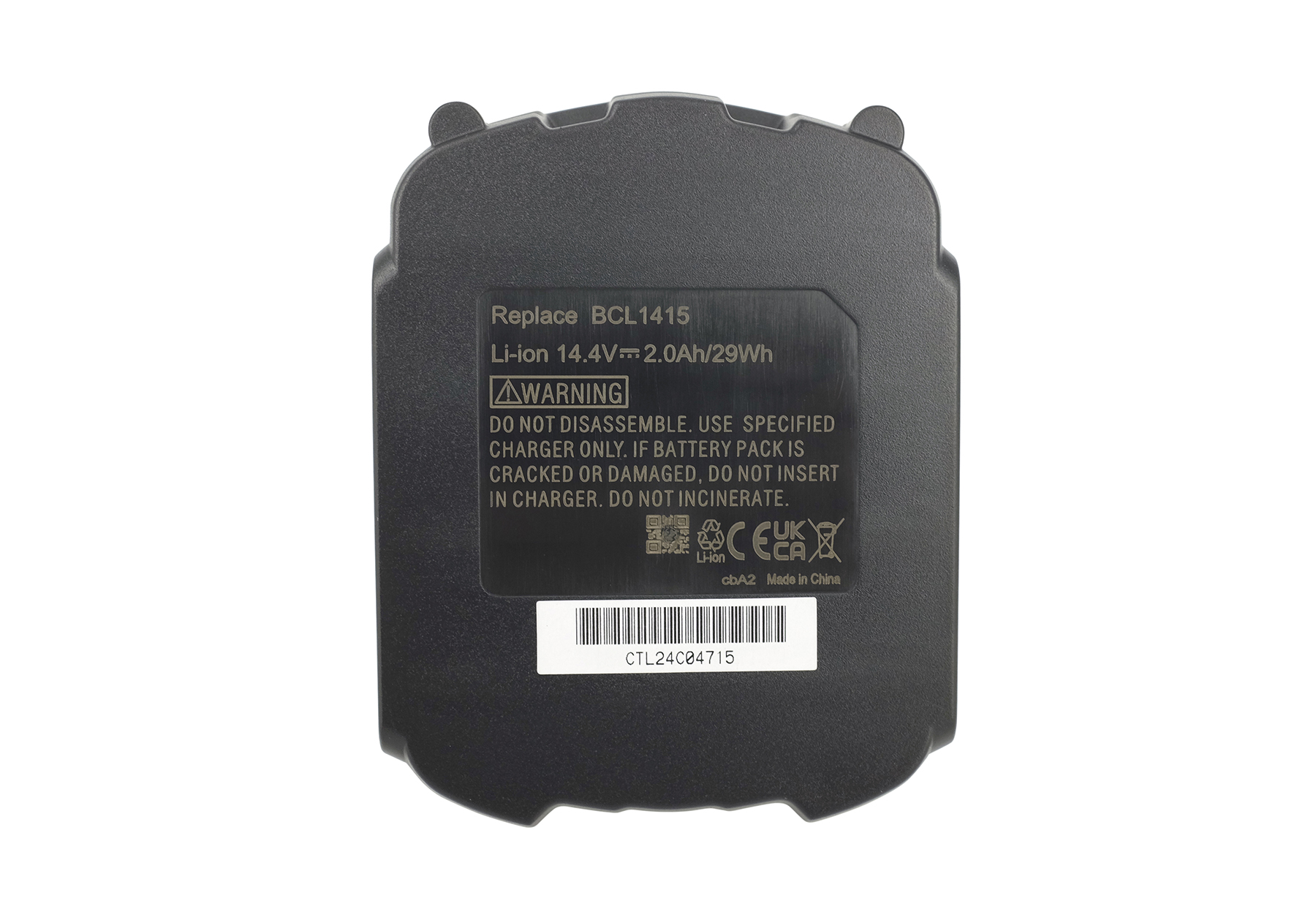 Schwarzer Lithium-Ionen-Akkupack mit Warnhinweisen und Barcode auf weißem Hintergrund.