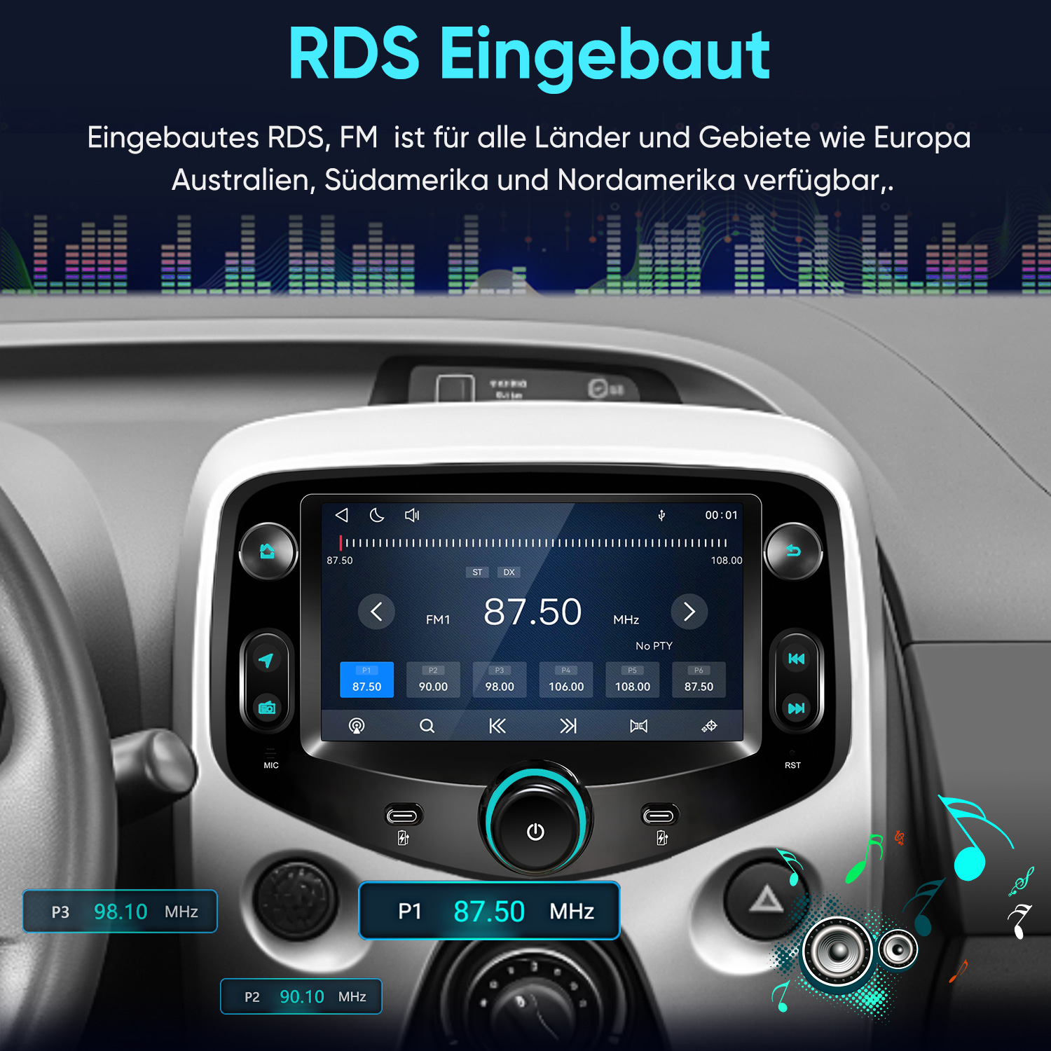 Autoradio mit eingebautem RDS und FM-Tuner in einem Autocockpit.