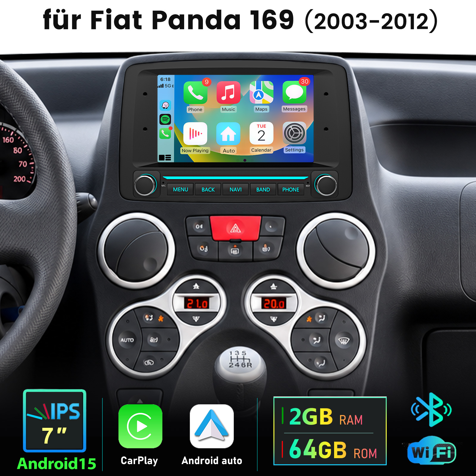 Ein 7-Zoll-Android-Autoradio in einem Fiat Panda 169 mit Touchscreen und Tasten.