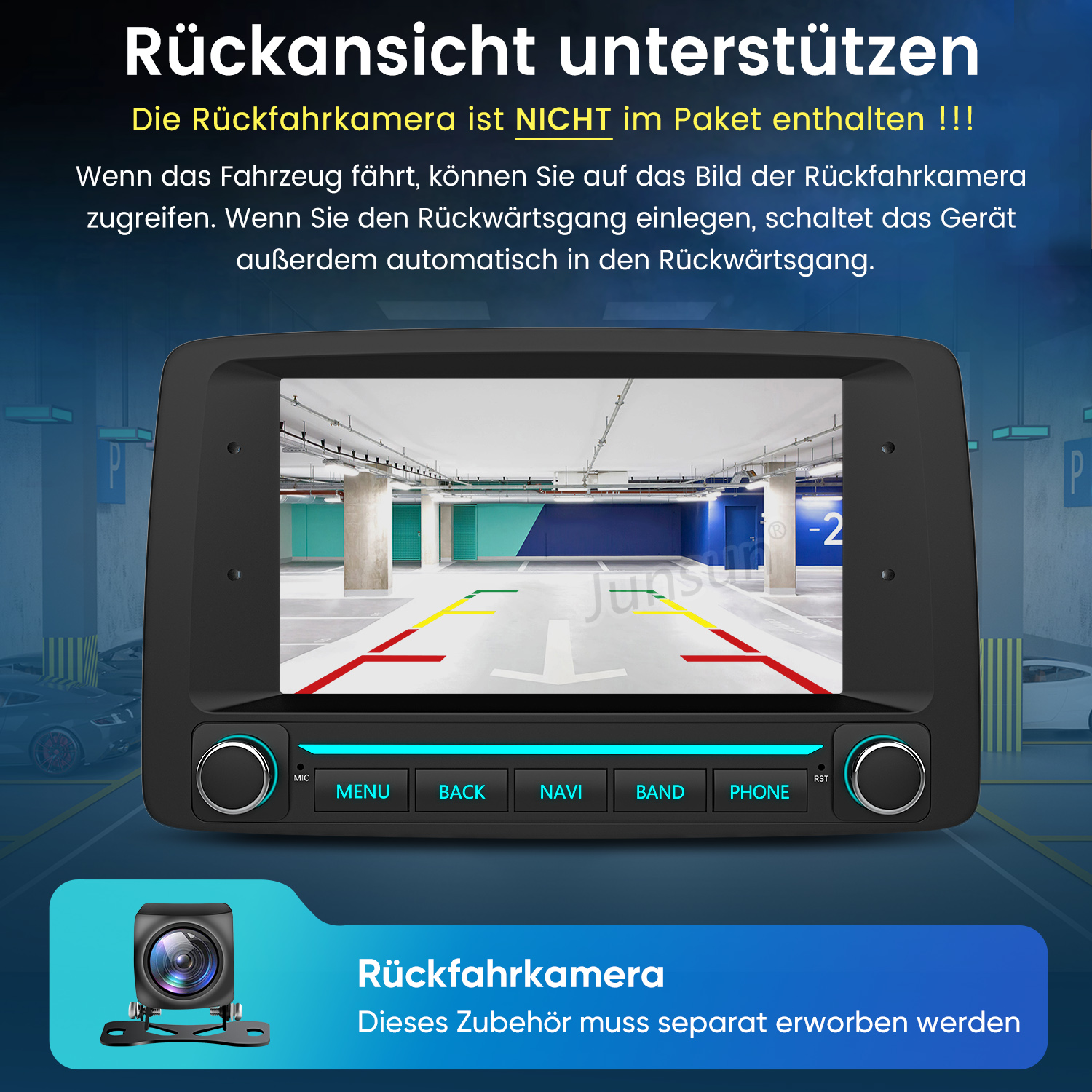 Autoradio mit Bildschirm zeigt die Ansicht einer Tiefgarage mit Parklinien.