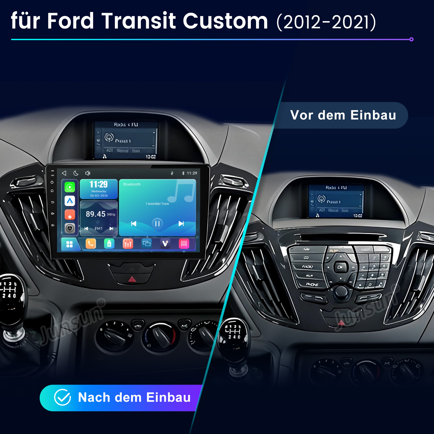 Vergleich eines Ford Transit Custom Armaturenbretts vor und nach dem Einbau eines Touchscreen-Radios.