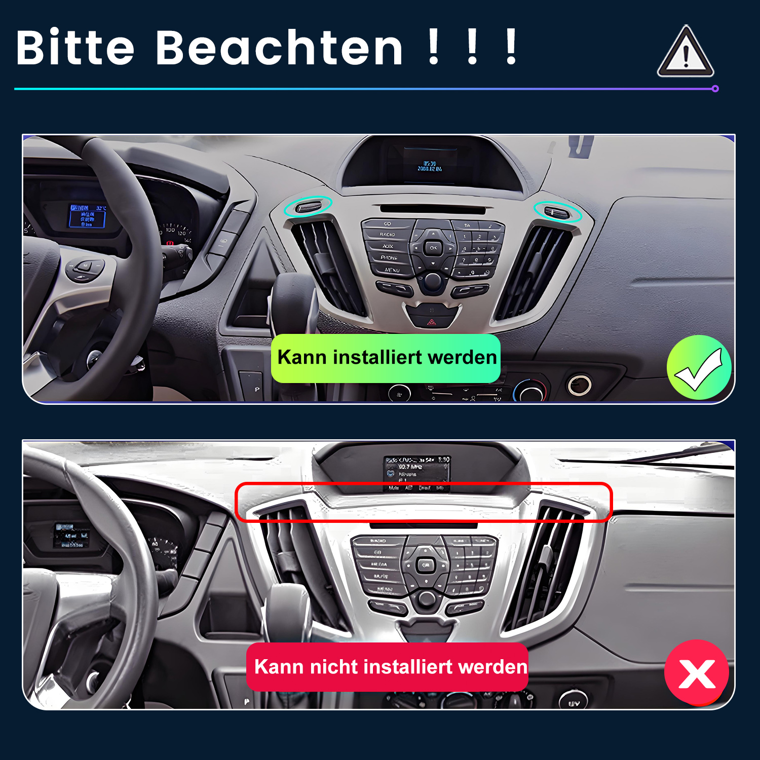 Vergleich von Armaturenbrettern mit kompatiblen und inkompatiblen Lüftungsgittern für eine Installation.