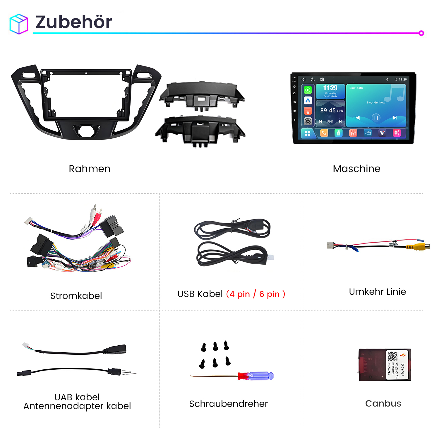 Zubehör für Autoradios mit Rahmen, Display, Kabeln, Schraubendreher und Canbus Modul auf weißem Hintergrund.