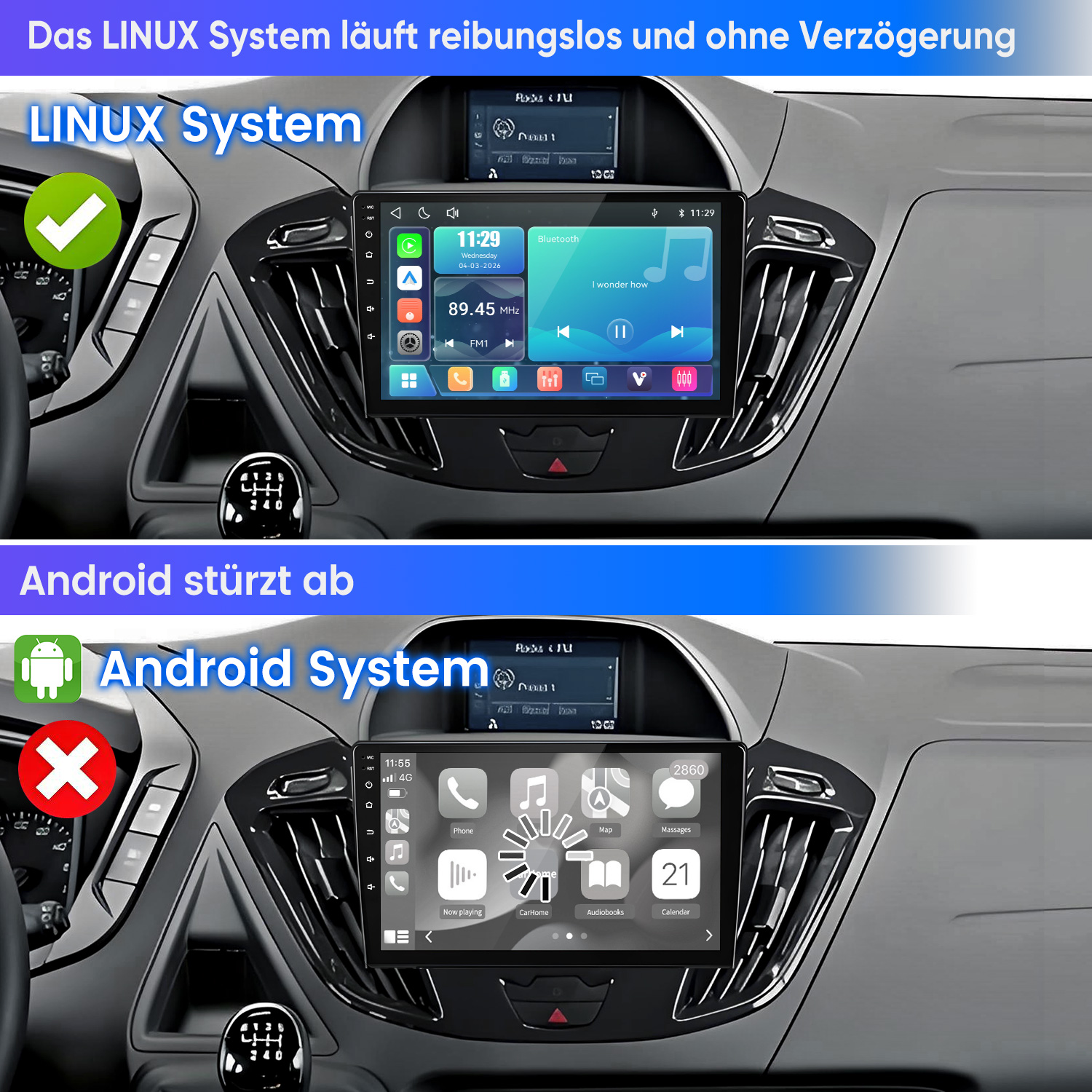 Vergleich zweier Auto-Navis: Linux läuft reibungslos, Android stürzt mit Ladesymbol ab.