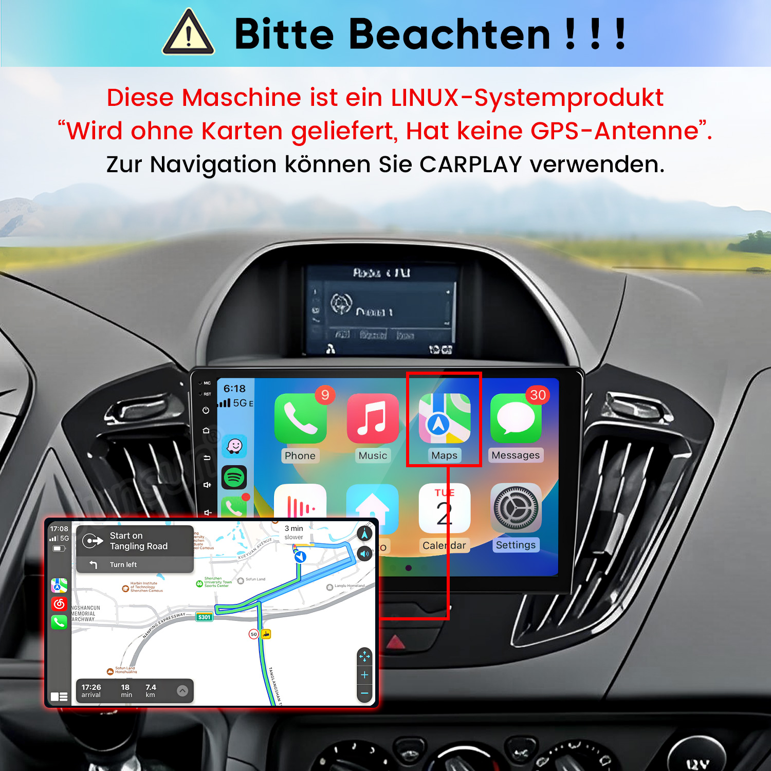 Linux-Autoradio mit CarPlay-Navigation, App-Icons und Warntext in Deutsch oben.