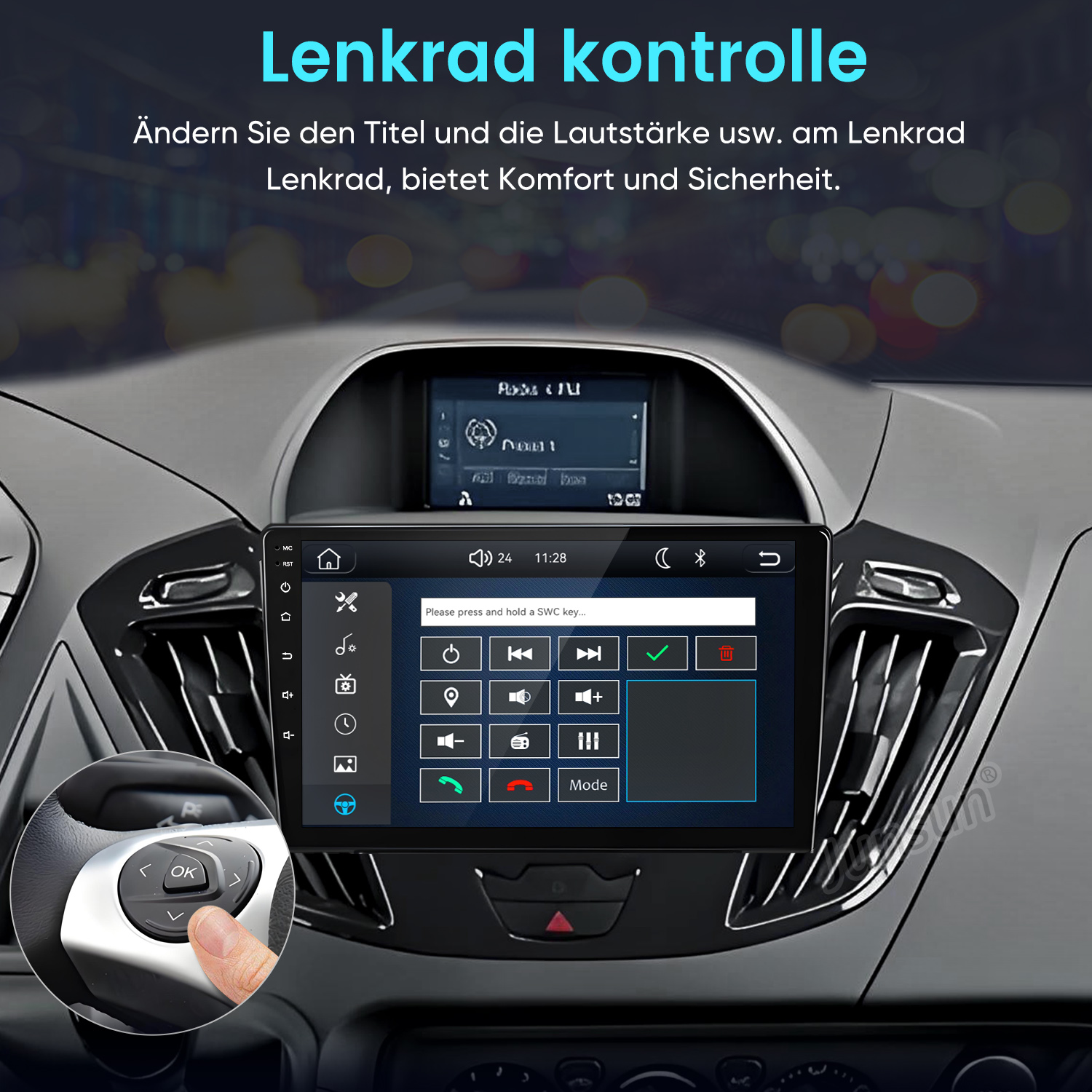 Auto-Infotainment-Bildschirm mit Lenkradsteuerungsschnittstelle und Inlay, das den Finger auf den Tasten zeigt.