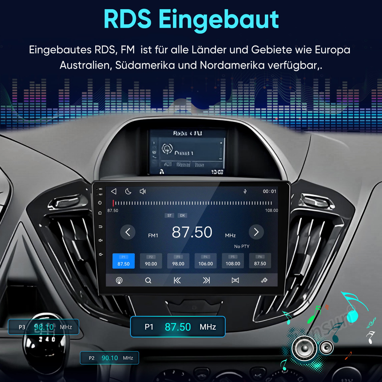 Autoradio mit FM-RDS und großem Touchscreen in einem Armaturenbrett.