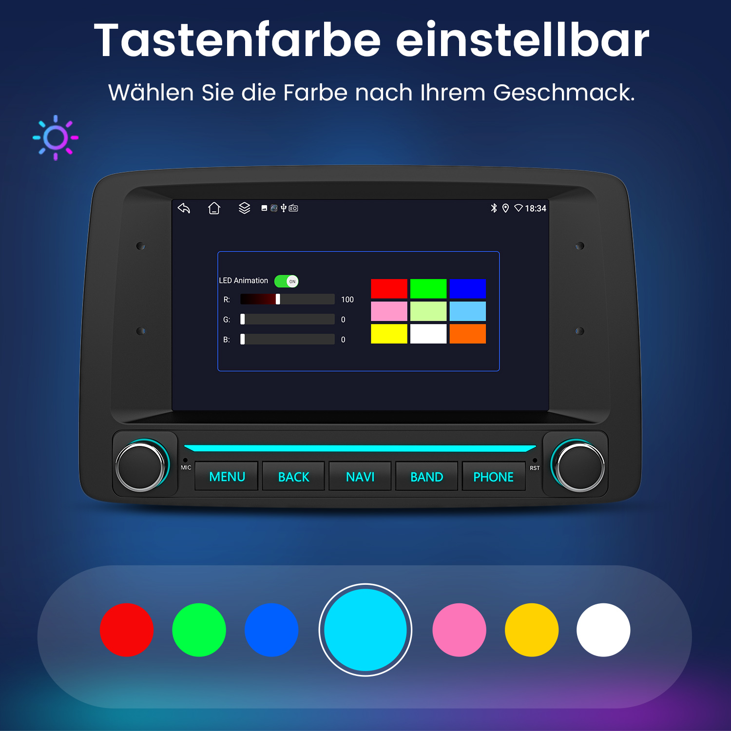 Autoradio mit Touchscreen zeigt RGB-Farbeinstellungsoptionen und farbige Tasten unten.